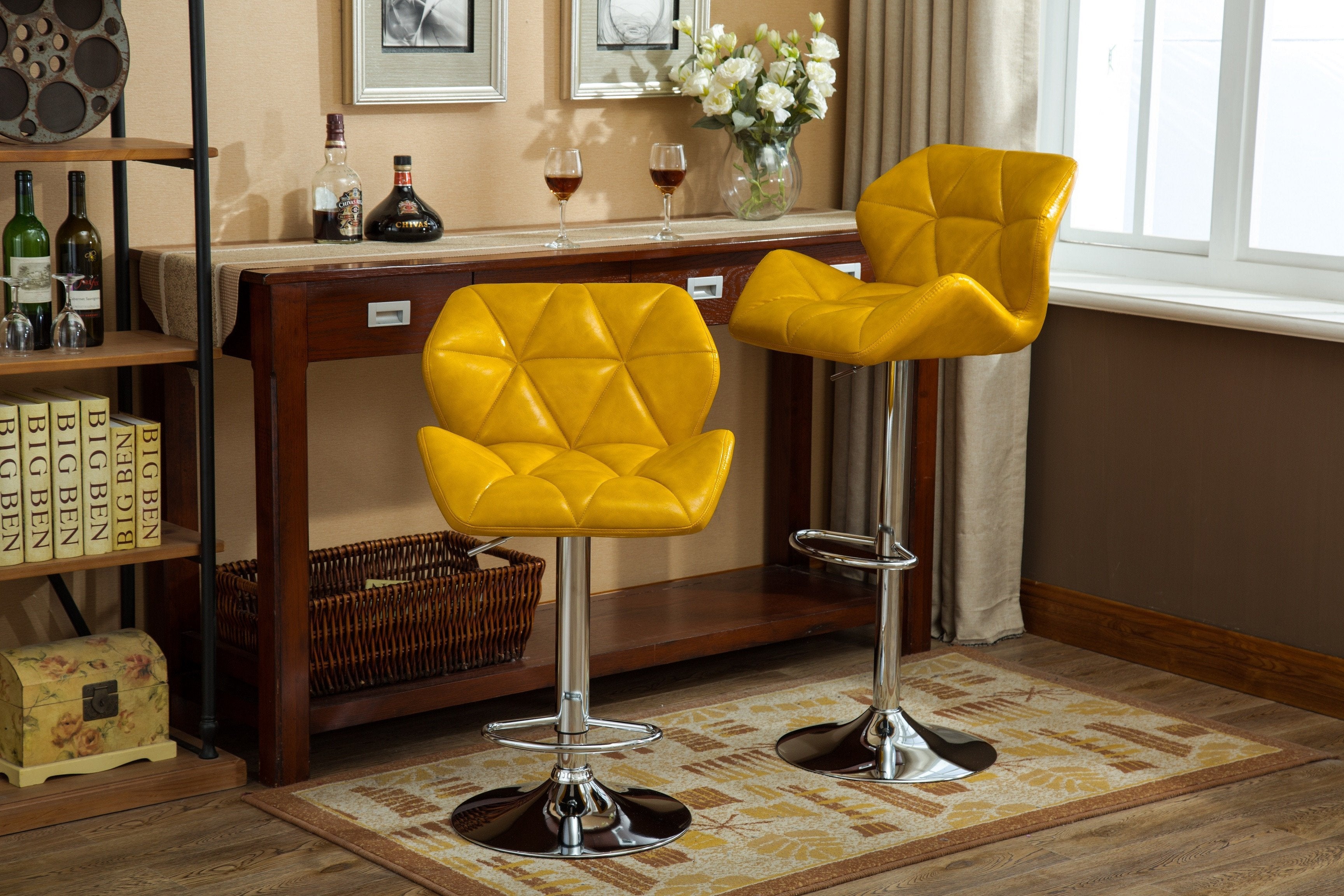 Roundhill Furniture Glasgow Contemporary Tufted Adjustable Height Hydraulic Bar Stools, Set of 2, Yellow - Perfect for Kitchen Islands, Home Bars & Modern Dining Areas