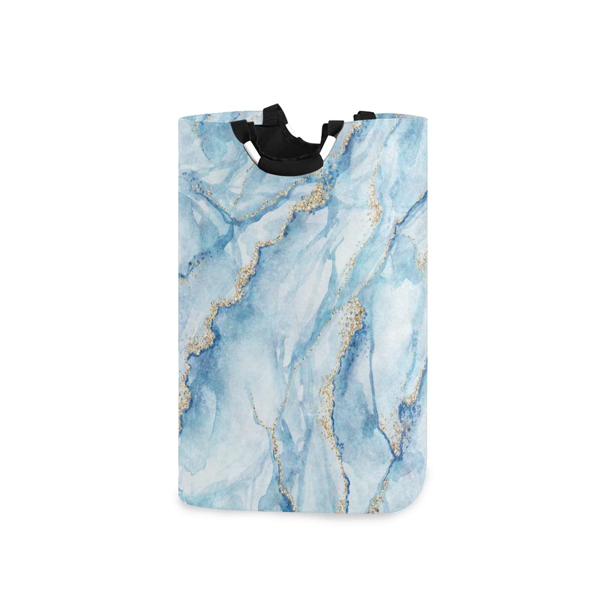 Foldable Collapsible Laundry Basket with Handles - Sky Blue Marble with Gold Accent for Laundry Room, Bathroom Organization & Storage | Perfect for College Dorms, Apartments & Travel