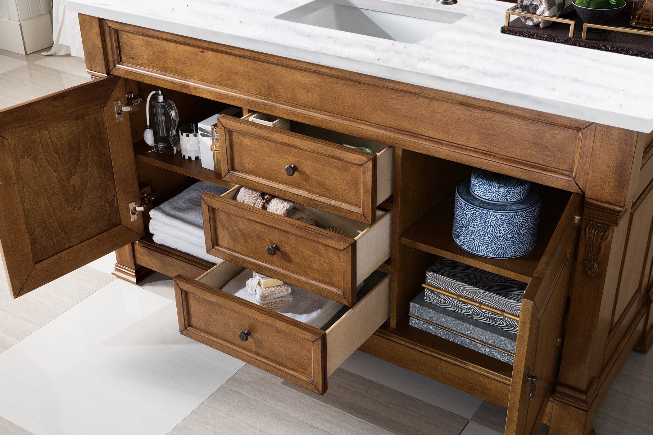 Brookfield 60-Inch Single Bathroom Vanity in Country Oak with 3CM Arctic Fall Solid Surface Top - Perfect for Modern Farmhouse & Rustic Bathroom Decor