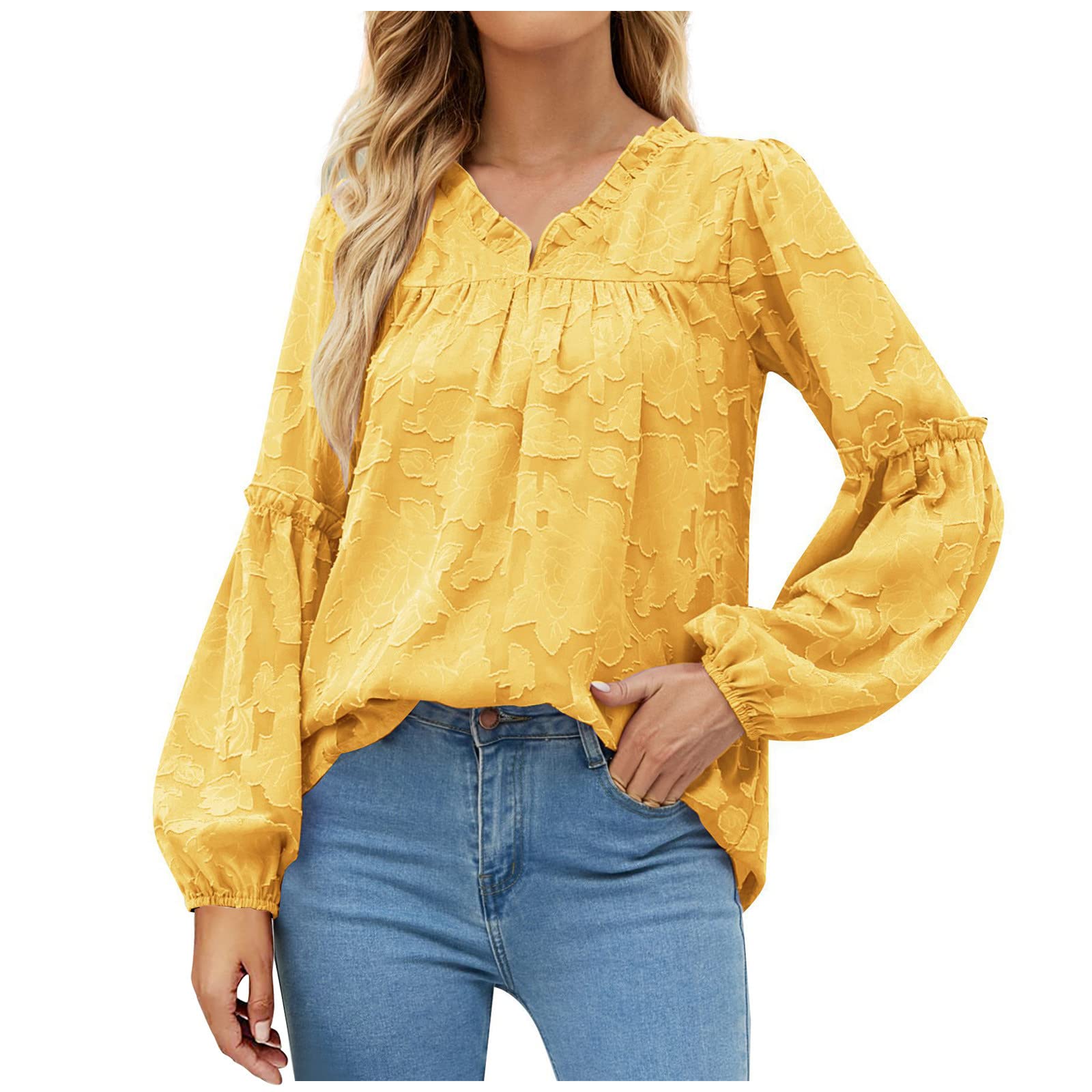 Elegant Women's Chiffon Blouses - Plain V-Neck T-Shirts with Long Lantern Sleeves for Casual & Dressy Occasions | Perfect for Office Wear, Date Nights & Summer Outfits