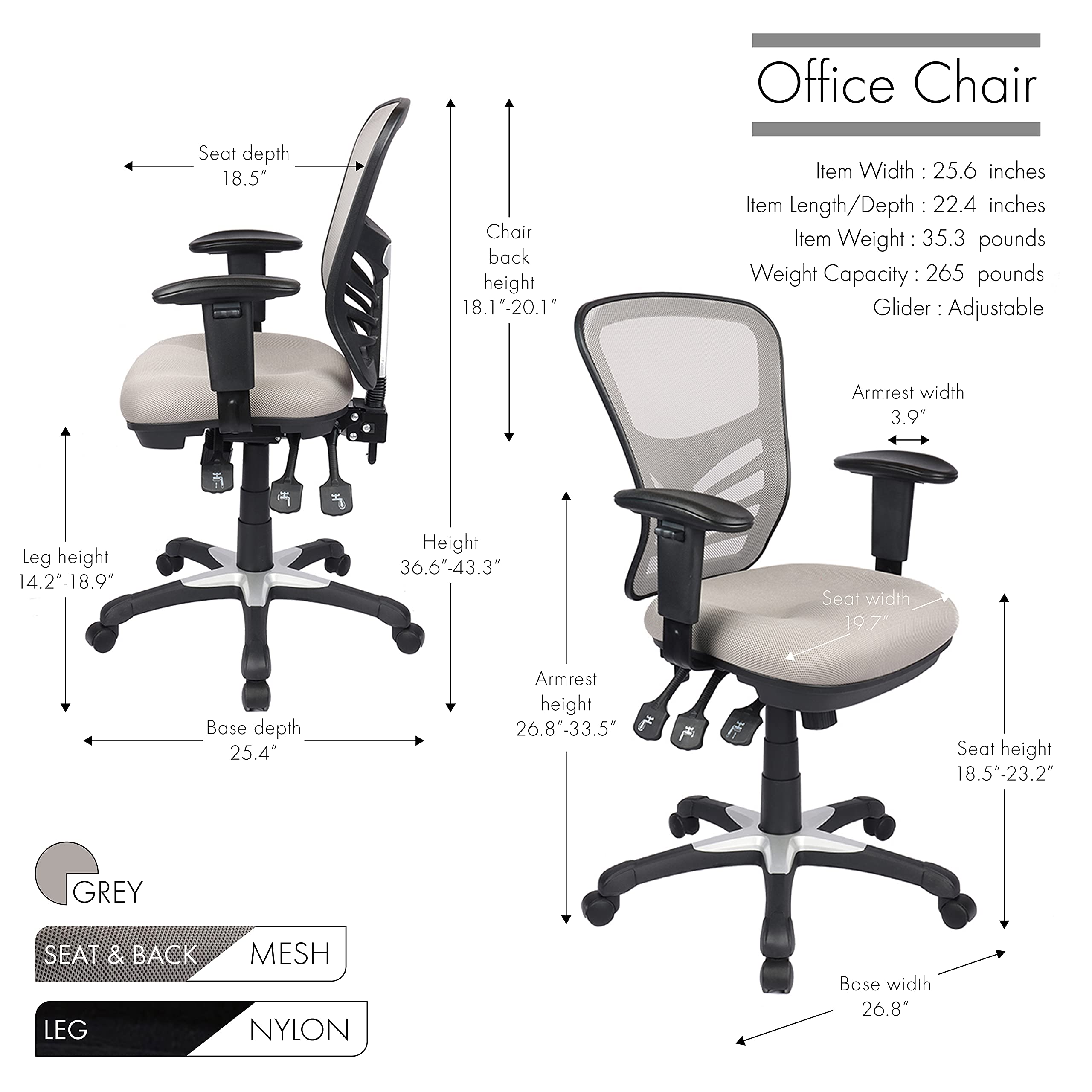Porthos Home Walen Ergonomic Office Chair - Adjustable Height, Mesh Back & Lumbar Support - 3-Way Adjustment (Seat, Tilt, Lock) - 360° Swivel - Perfect for Home Office, Small Office & Remote Work