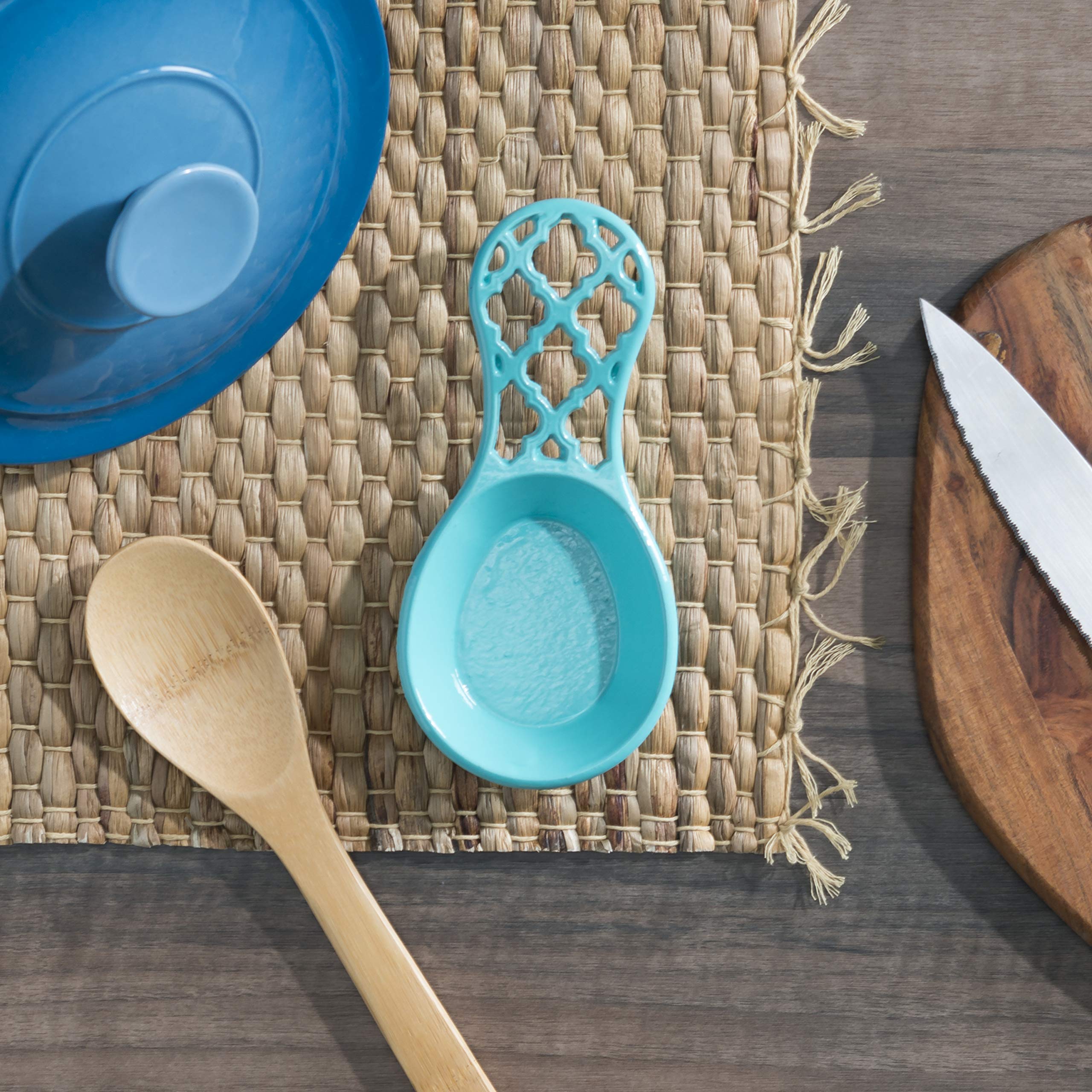 Home Basics Lattice Collection Cast Iron Spoon Rest - Turquoise - Heat Resistant Kitchen Utensil Holder for Cooking, Serving & Dining Decor