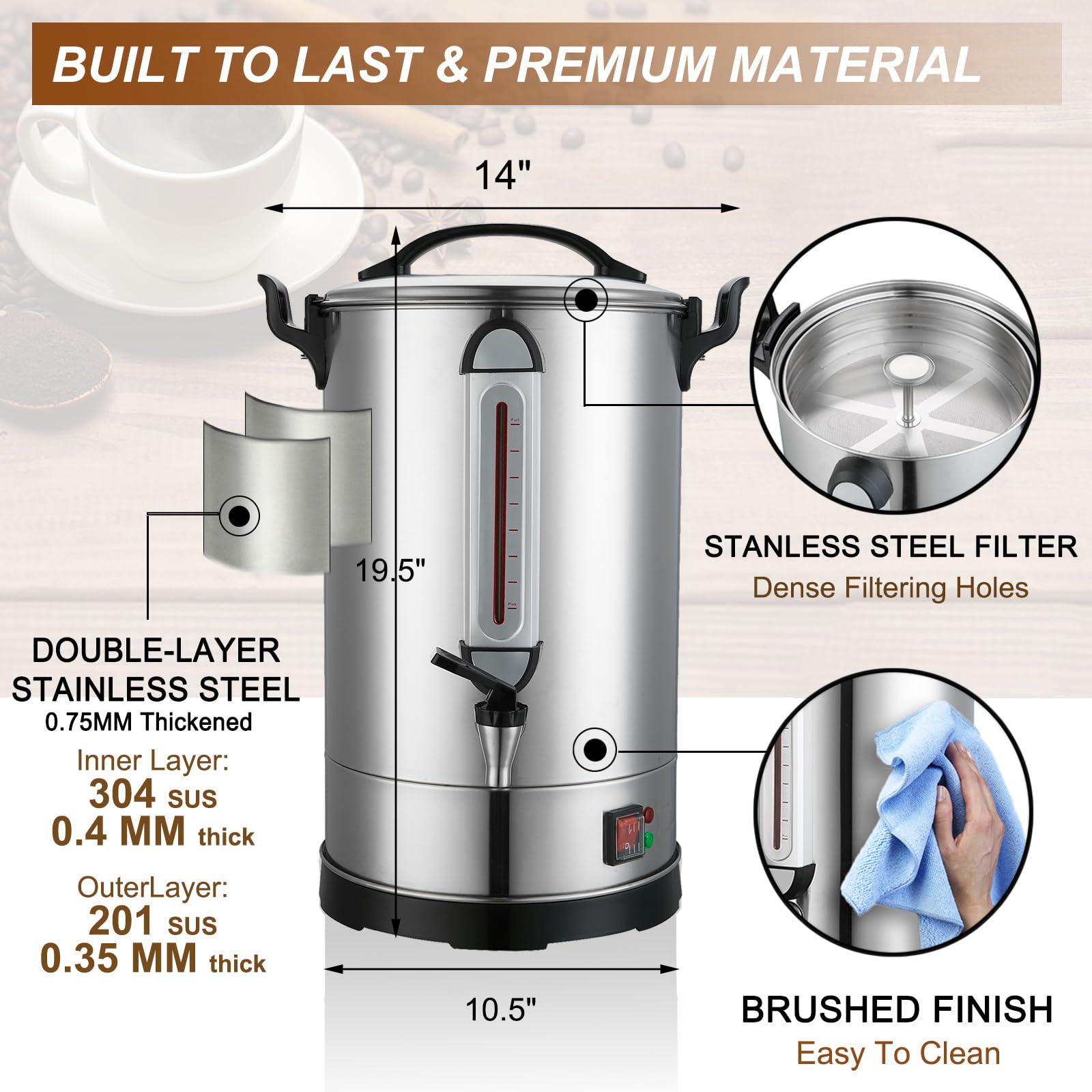 100 Cup Commercial Coffee Maker - 4 Gallon (16L) Large Coffee Urn with 304 Stainless Steel Dual Layers & 1300W Fast Brew Percolator - Hot Beverage Dispenser for Business, Catering, Church, Events & Office Use