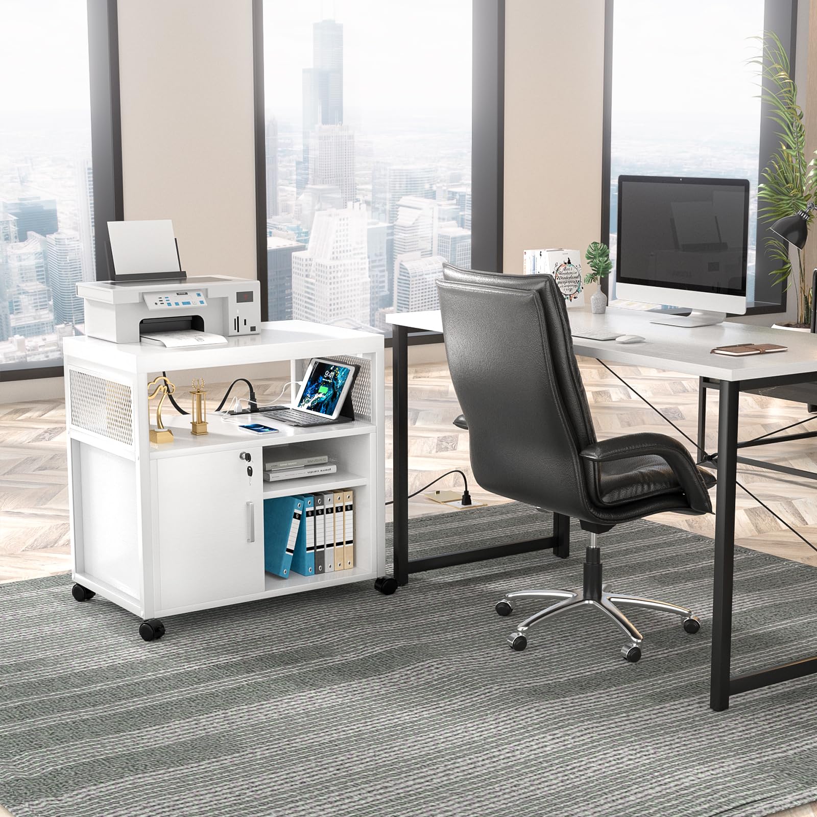 Unikito Rolling File Cabinet with USB Charging Port - Lockable Lateral Office Filing Cabinet with Wheels, Modern Printer Stand with Door & Open Storage - White | Perfect for Home Office, Small Business & Workspace Organization