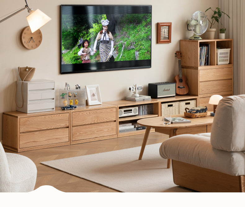 Modern Oak Solid Wood TV Stand with Free Combination Storage Shelves - Perfect for Living Room, Home Theater & Entertainment Center Organization