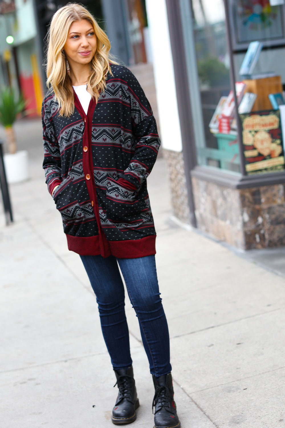 Classic Burgundy Holiday Print Button Cardigan for Women - Cozy Christmas Sweater for Holiday Parties & Family Gatherings