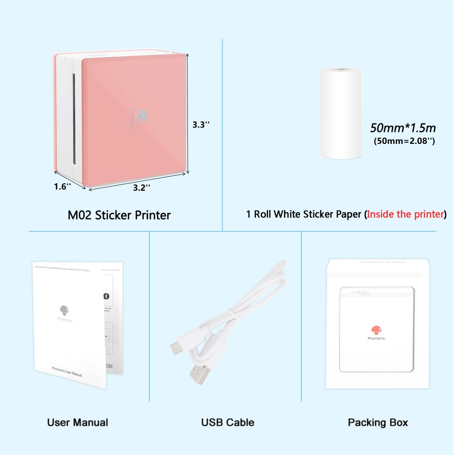 Phomemo M02 Mini Thermal Sticker Printer - Wireless Bluetooth Instant Photo Printer for Smartphones & Tablets | Portable Picture Maker for DIY Crafts, Scrapbooking & Small Business Labeling (Pink)