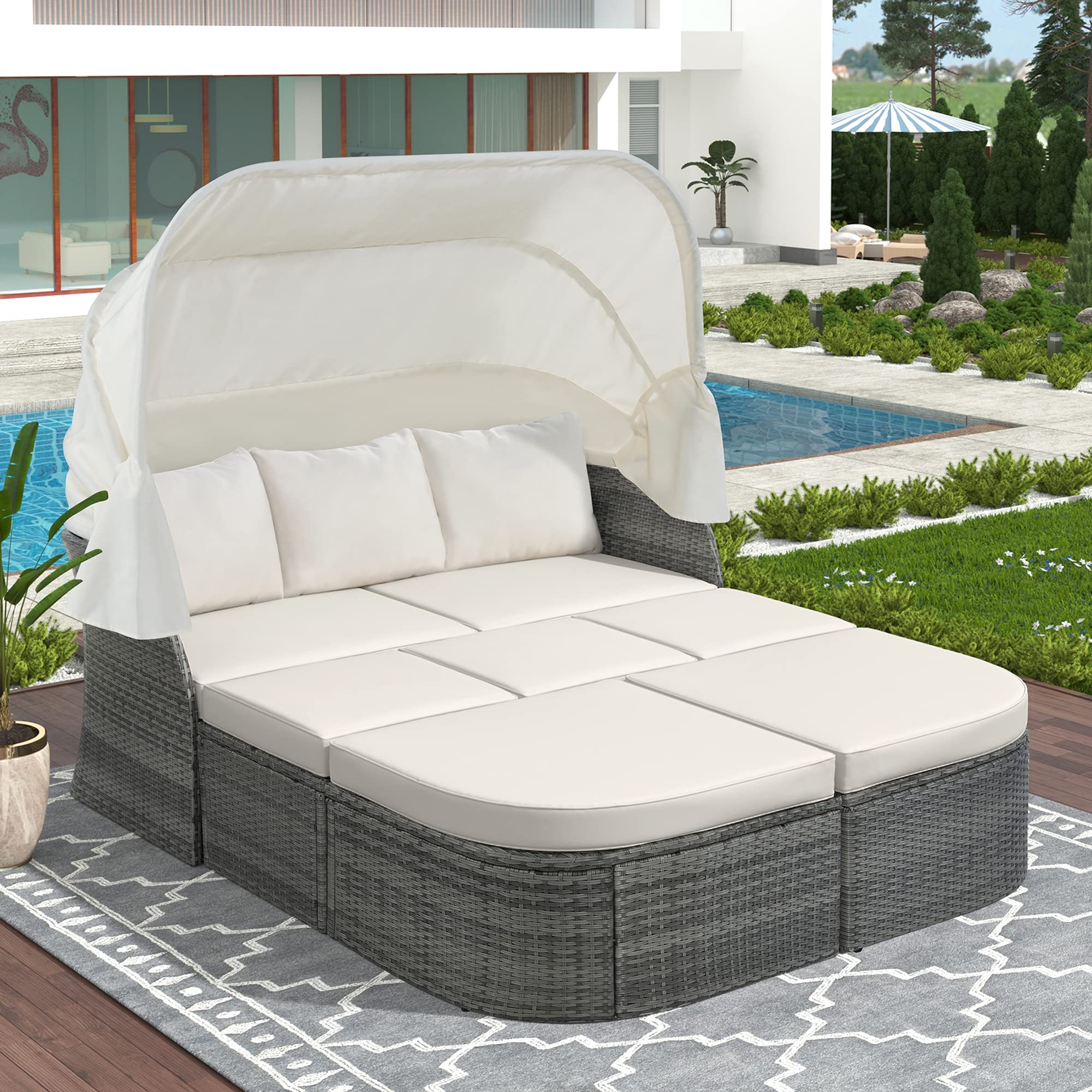 Amposei Outdoor Patio Wicker Furniture Sunbed Sectional Set - Rattan Daybed with Canopy for Porch, Balcony & Backyard - Beige - Perfect for Lounging, Sunbathing & Outdoor Relaxation