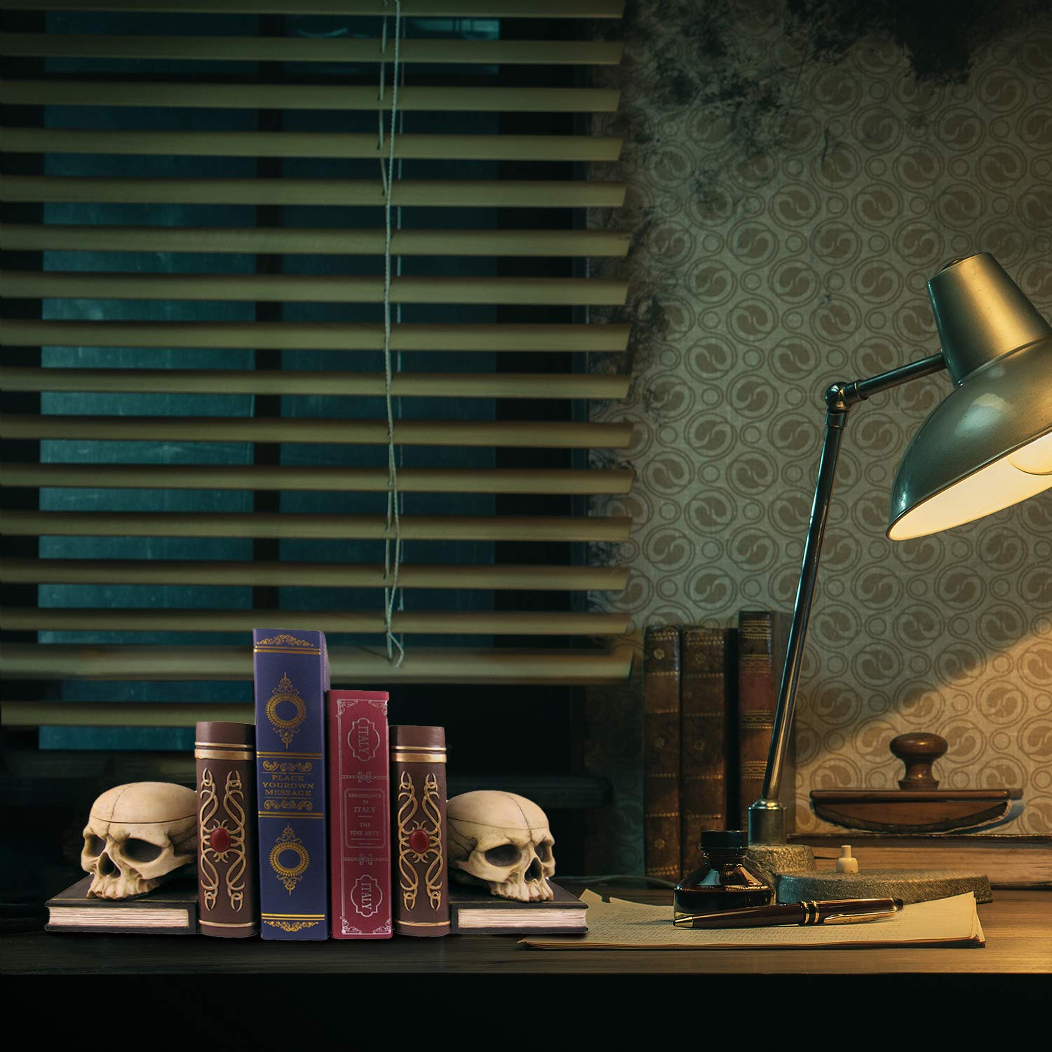 Gothic Skull Decorative Bookends with Small Trinket Box - 12