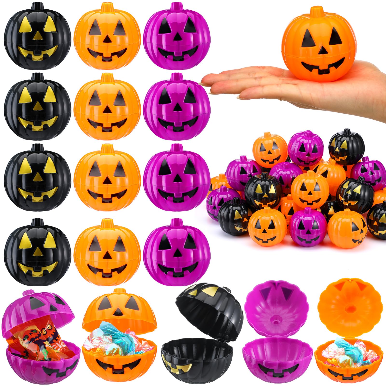 Lallisa 60-Piece Halloween Pumpkin Containers Set - Orange, Purple & Black Plastic Storage Boxes for Candy, Treats & Party Decorations | Bulk Mini Pumpkin Candy Boxes for Trick-or-Treat, Halloween Parties & Home Decor