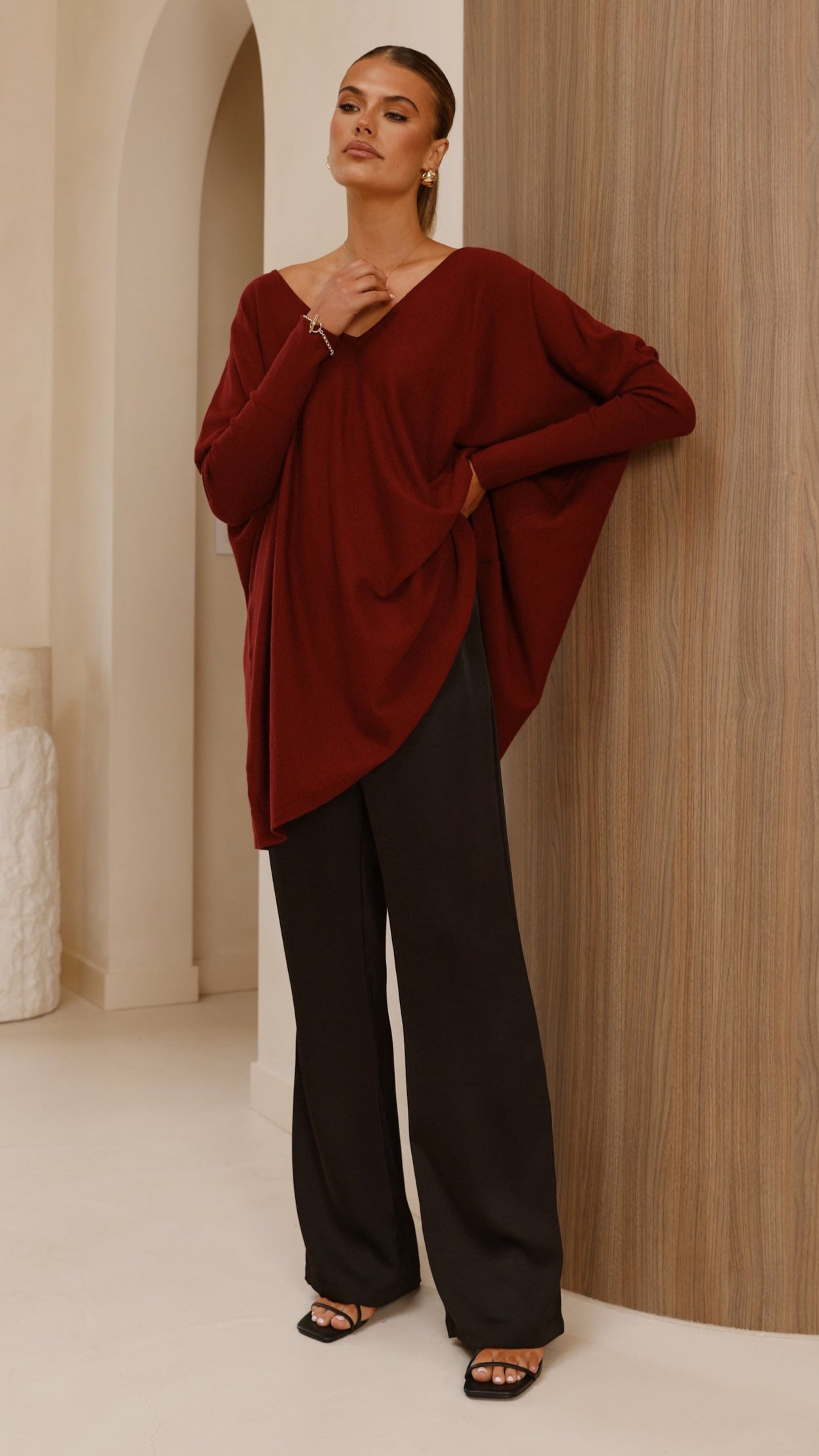 Amalia Knit Top Women's Burgundy V-Neck Long Sleeve Casual Blouse for Work & Everyday Wear