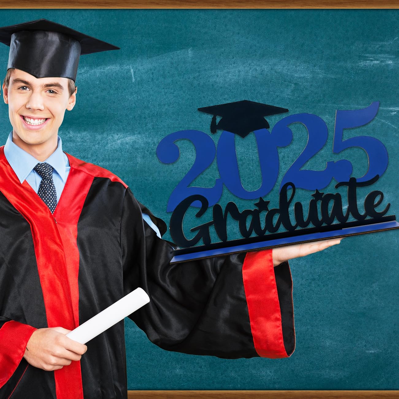 Class of 2025 Graduation Party Decorations - Wooden Table Centerpiece Sign (15.74x9.84 Inch) for Graduation Favors & Supplies - Perfect for High School/College Graduation Ceremonies, Photo Booths & Party Decor (Blue)