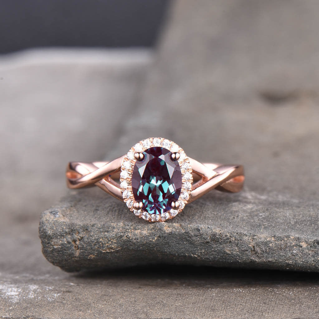14K/18K Oval Lab Alexandrite Engagement Ring with Infinity Diamond Halo & Criss Cross Design - Perfect for Proposals, Anniversaries & Special Occasions
