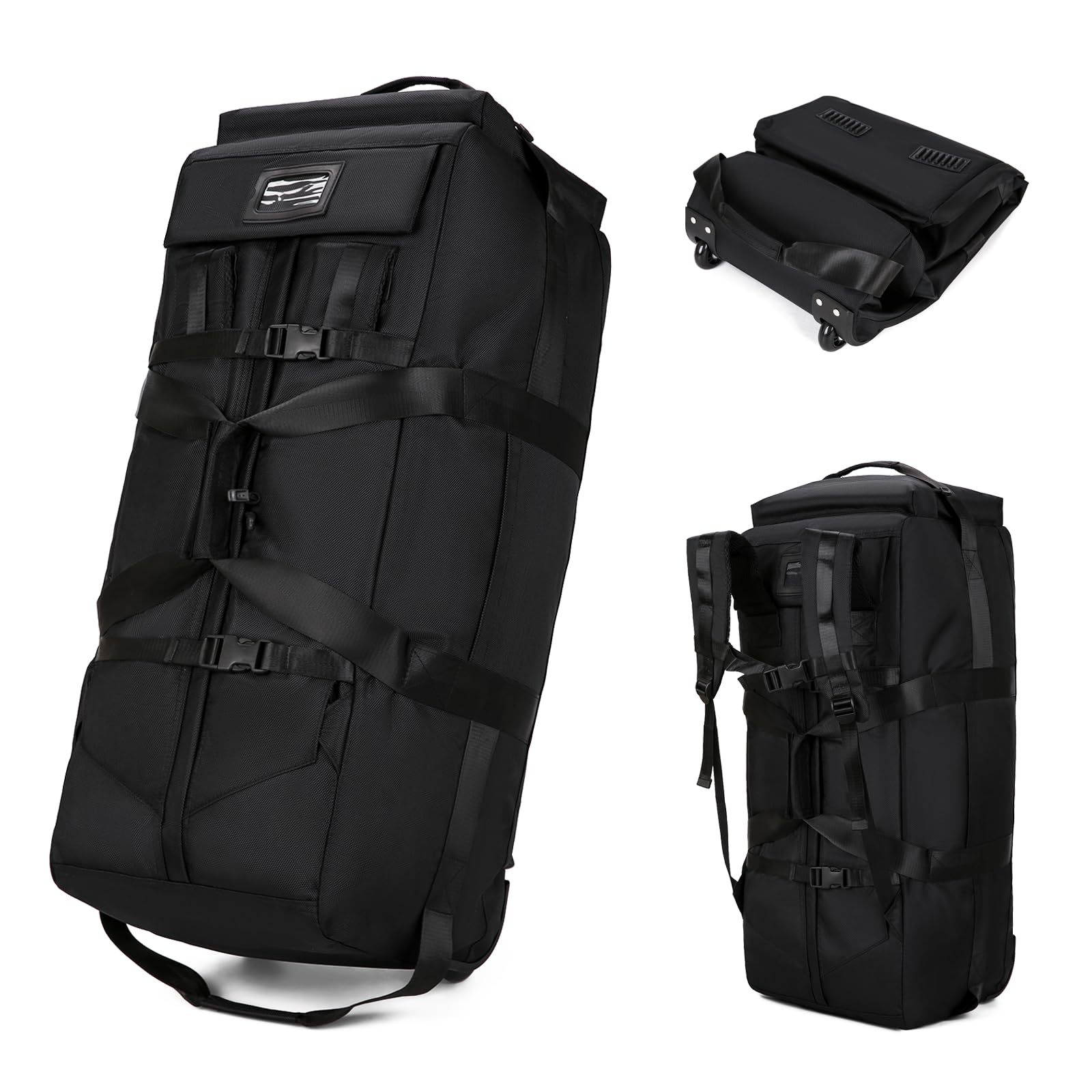 90L Large Rolling Duffle Bag with Wheels - 2-in-1 Tactical Travel Backpack for Men & Women | Expandable Waterproof Gym Bag with Hidden Straps (Black) | Perfect for Air Travel, Camping & Sports Gear Storage