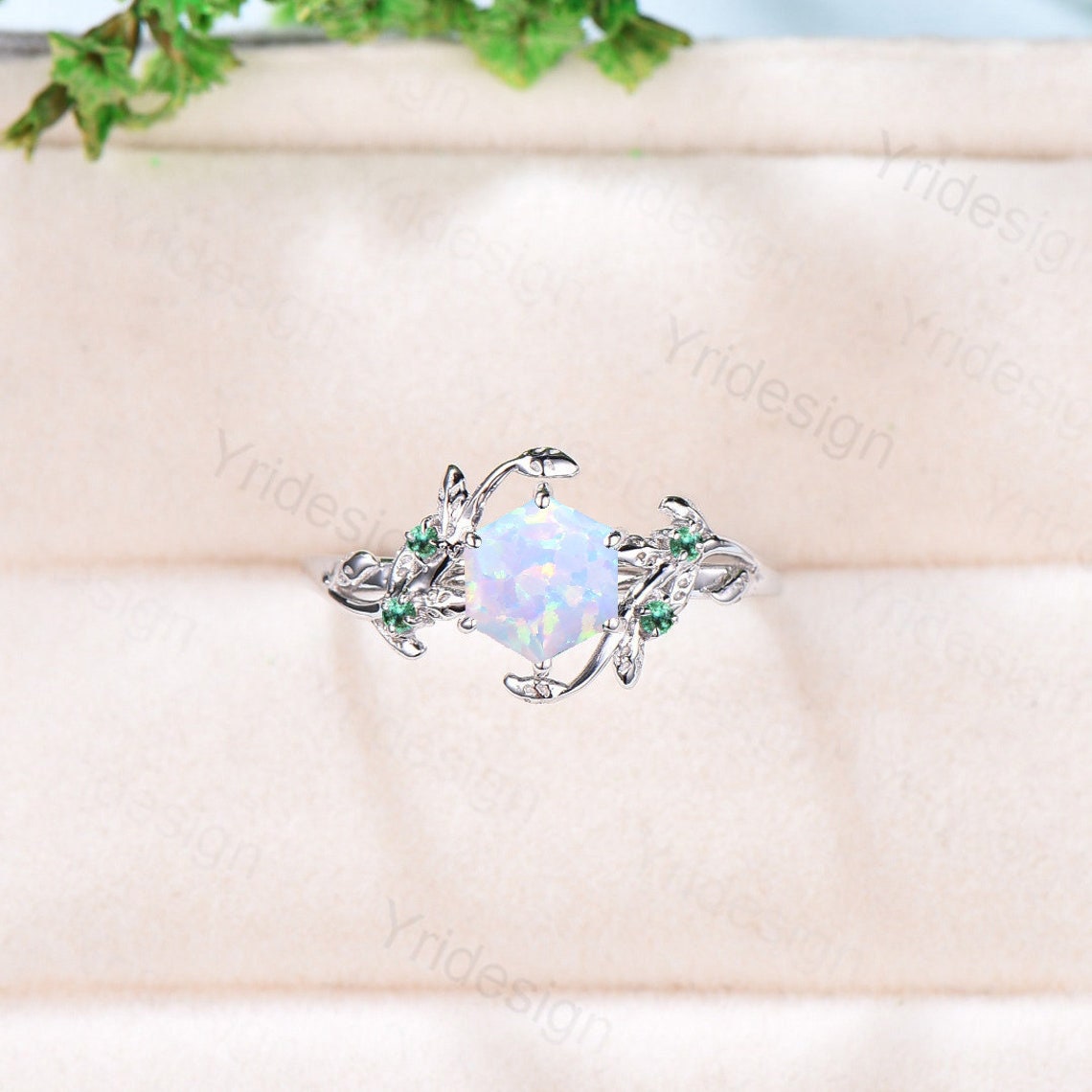 Hexagon Cut Opal Ring for Women - Vintage White Opal Engagement Ring, Nature Inspired Bridal Ring with Leaf Vine Design, Emerald Wedding Ring - Perfect for Bridal, Anniversary & Special Occasions