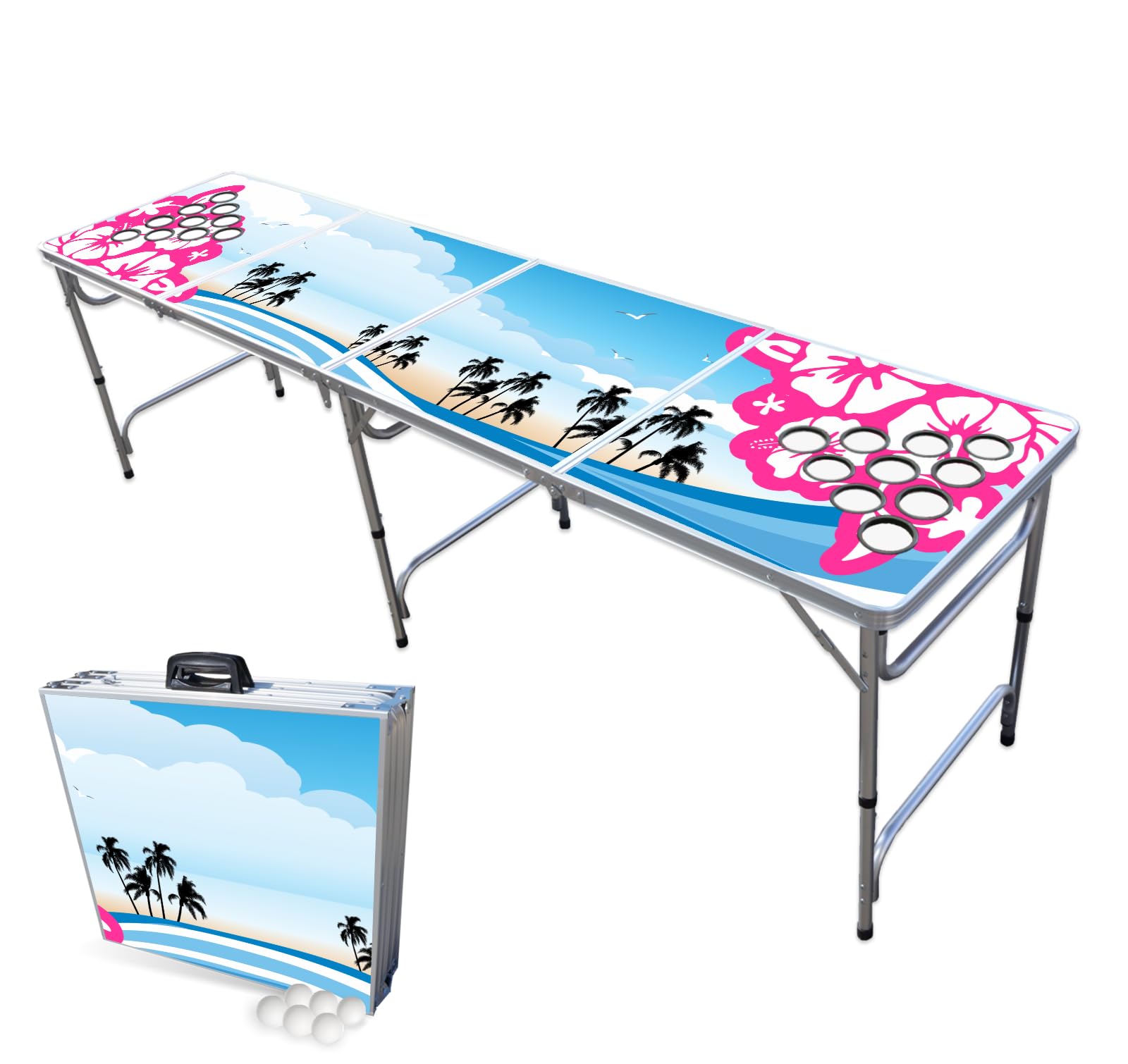 PARTYPONG 8-Foot Folding Beer Pong Table with Cup Holders - Hibiscus Design | Portable Party Game Table for Outdoor Events, Tailgating & College Parties