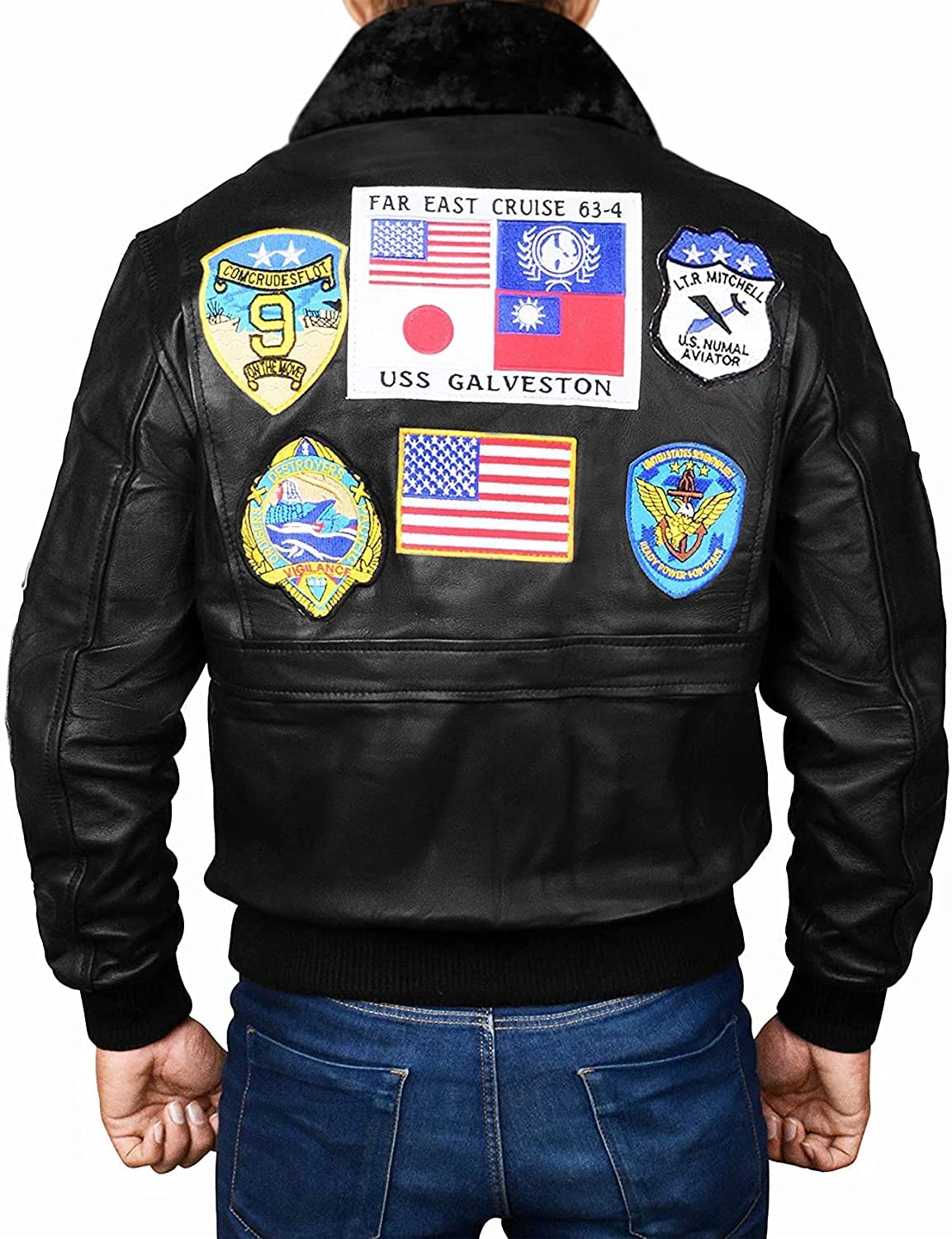 Men's Tom Cruise Aviator Pilot Jacket - G-1 Bomber Leather Coat with Fur Collar & Multiple Patches | Maverick Inspired Flight Jacket for Halloween Costume & Cosplay