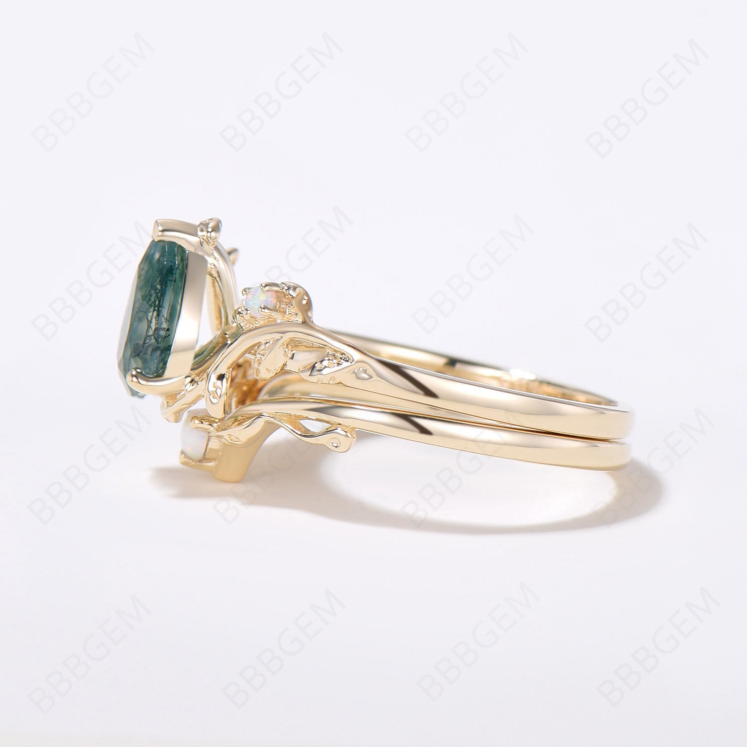 Nature Inspired Twig Leaf Pear Moss Agate Engagement Ring Set - Handcrafted Sterling Silver Wedding Band for Women - Perfect for Outdoor Weddings & Nature-Themed Proposals