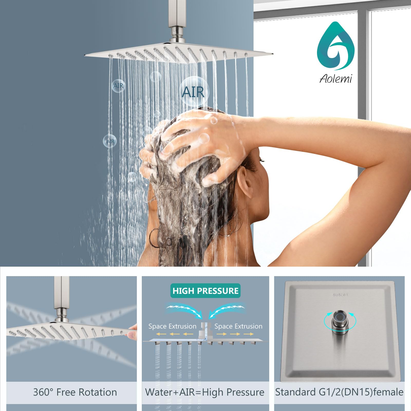Aolemi Brushed Nickel 12 Inch Ceiling Mount Shower System - High Pressure Rainfall Shower Head & 2-in-1 Handheld Spray Combo with Rough-in Valve | Perfect for Spa-Like Bathroom Experience & Modern Home Renovation