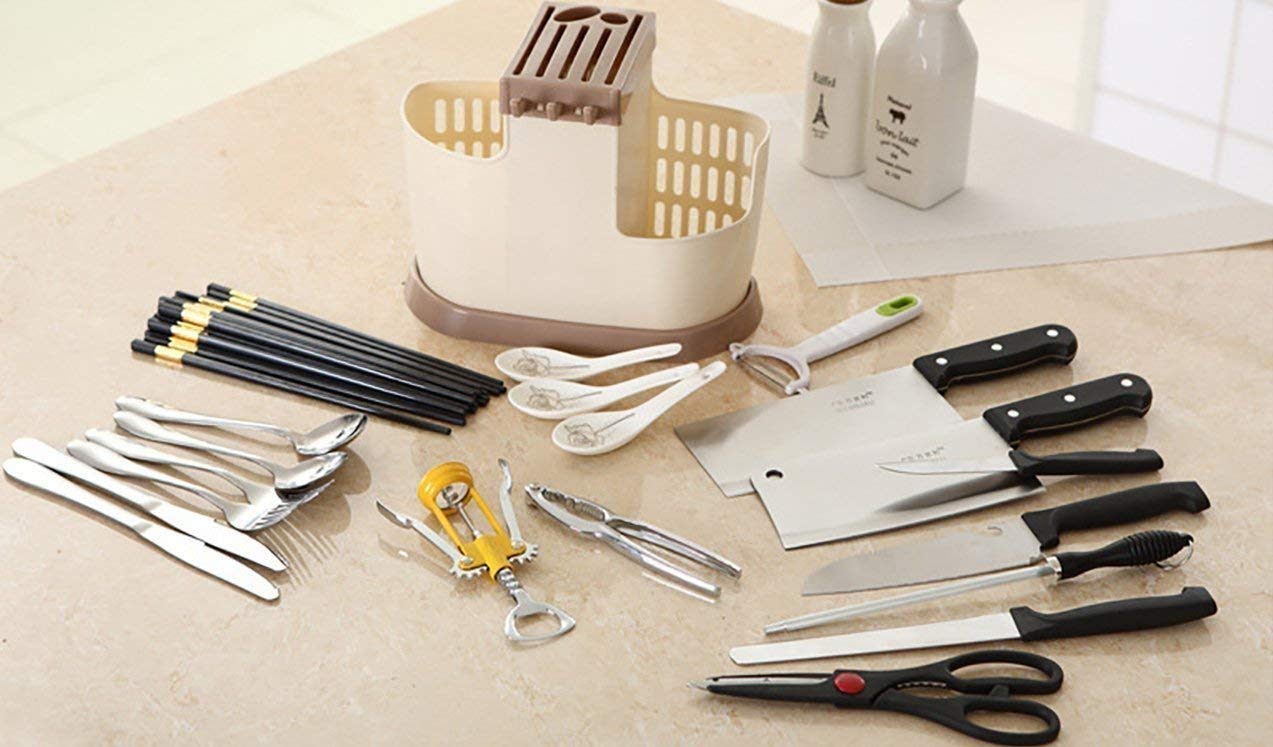 POXEFLIP Stainless Steel Kitchen Cutlery Organizer - Knife, Spoon, Fork, Chopsticks & Scissors Holder - Space Saving Countertop Storage for Modern Kitchens - Perfect for Small Apartments & Organized Cooking Spaces