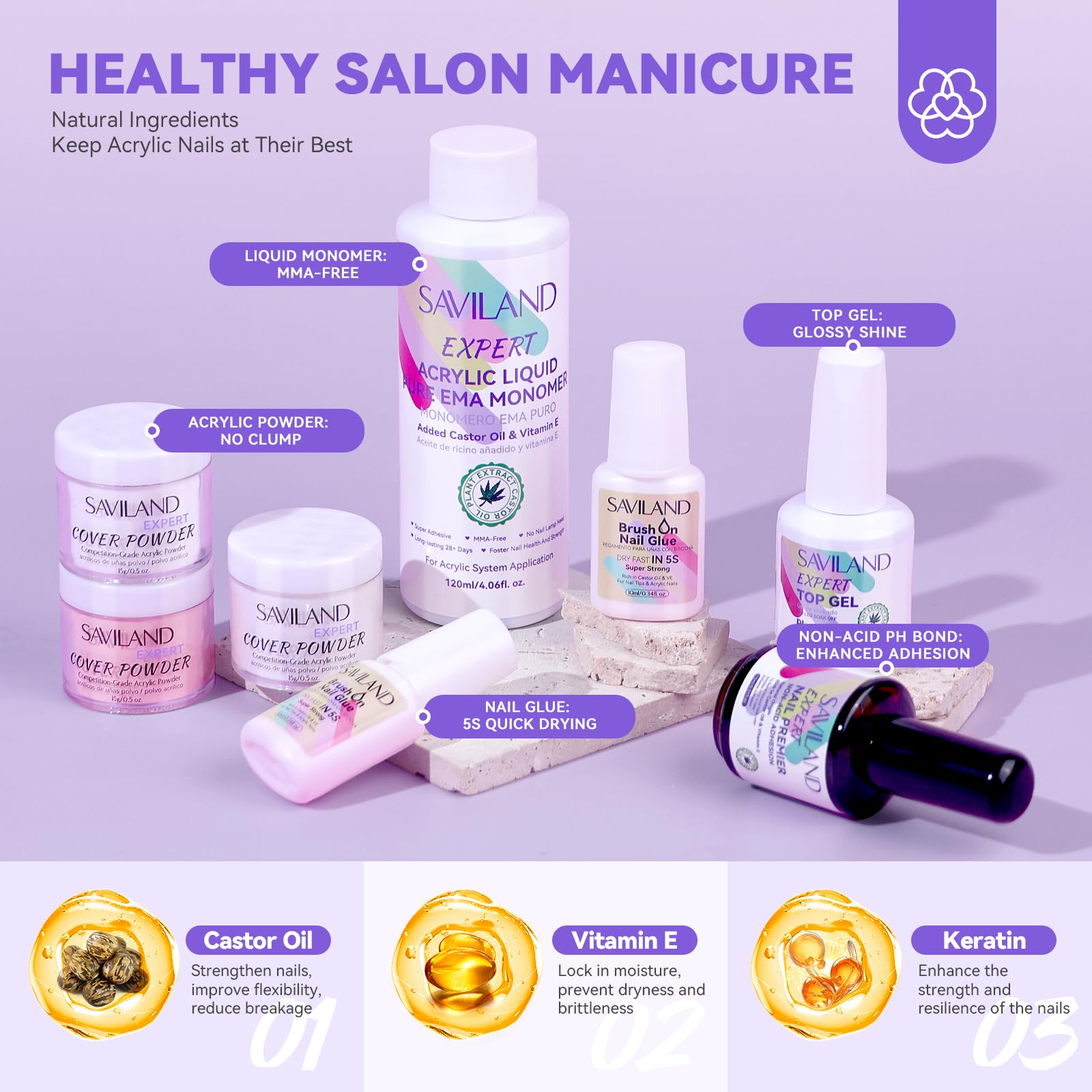 Saviland Acrylic Nail Kit for Beginners & Professionals - 4 Colors Non-Yellowing Acrylic Powder & Liquid Set with Nail Brush & Tips | DIY Salon-Quality Manicures at Home, Perfect for Nail Art & Extensions