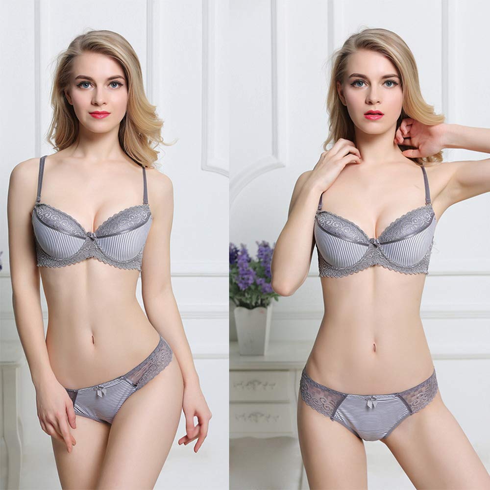 Swbreety Women's Lace Bra and Panty Set - Striped Lingerie with Bowknot & Underwire - Comfortable Sexy Underwear for Date Night, Wedding, Special Occasions