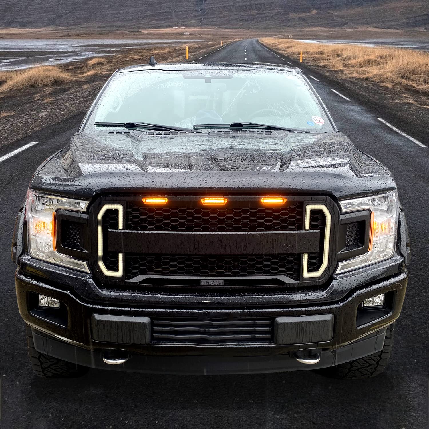 Ford F-150 2018-2020 Front Grill Mesh Grille Replacement with DRL, Turn Signal & 3 Amber LED Lights (Matte Black) - Perfect for Off-Roading, Truck Customization & Enhanced Style