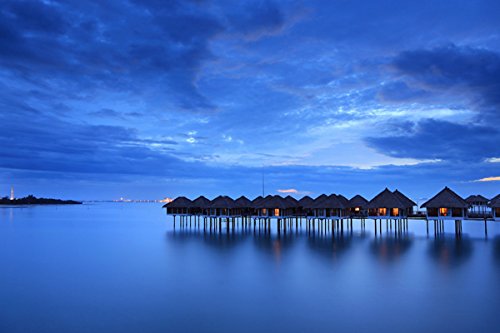 Calm Sea Houses Beach Malaysia - Nature Poster Canvas Art Print (24x16 Inch) - Perfect for Living Room, Bedroom & Office Wall Decor