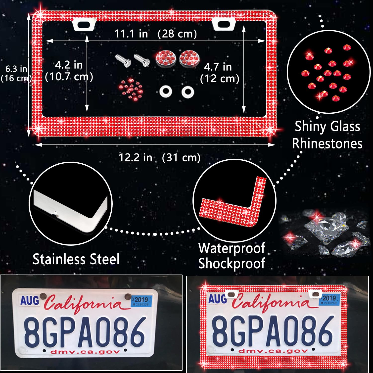 27Pcs Car Accessories Set for Women - Steering Wheel Cover, Phone Holder & More (Red Diamond) - Perfect Gift & Car Decor