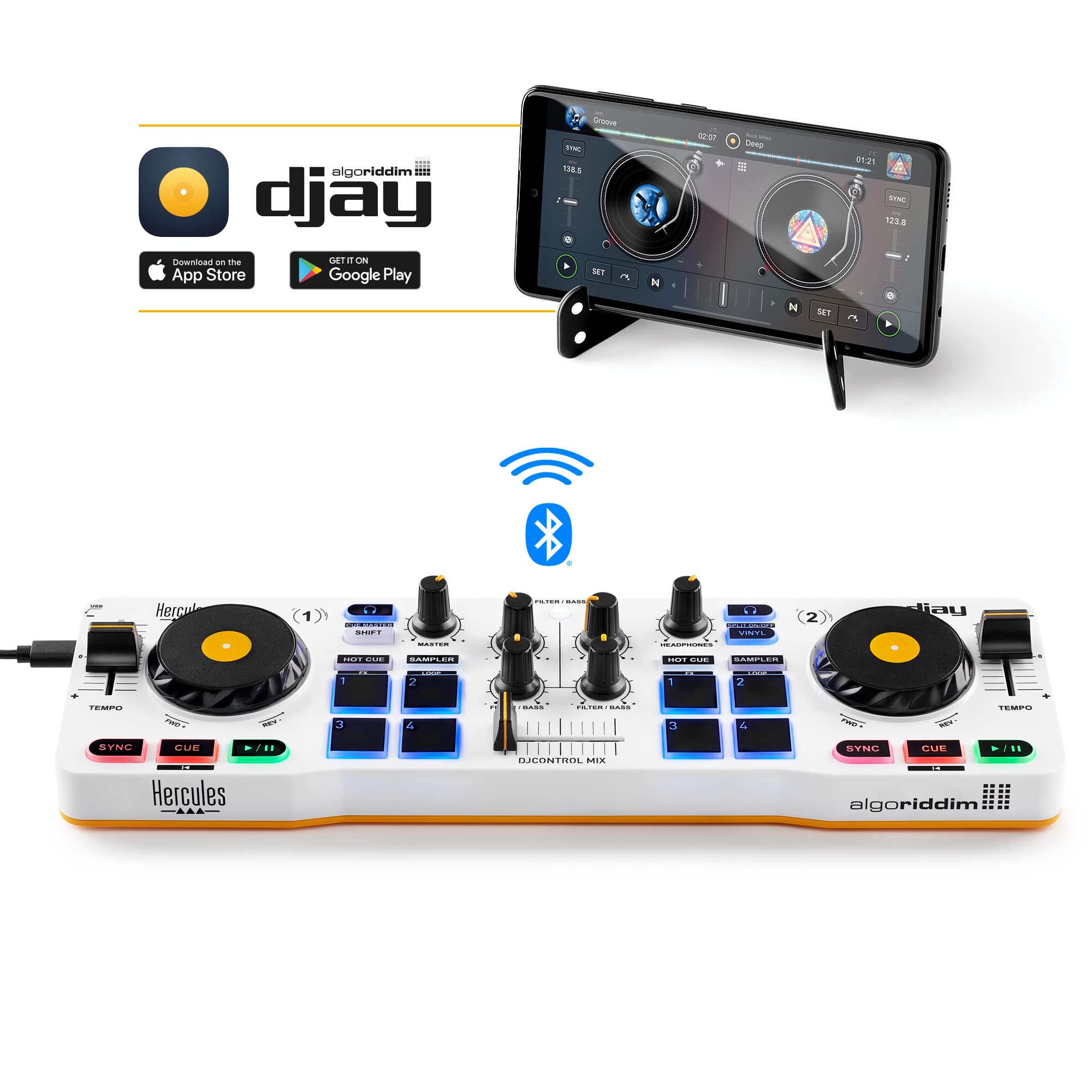 Hercules DJControl Mix - Wireless Bluetooth DJ Controller for Smartphones & Tablets (iOS/Android) - Compatible with dJay App - 2 Deck DJ Mixer - White - Perfect for Home Parties, Clubs & Mobile DJing