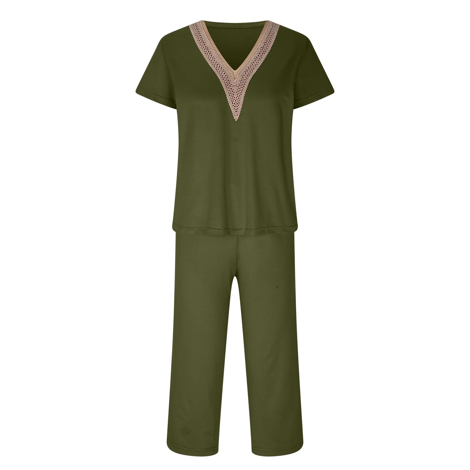 Women's Summer Casual Two Piece Set - Short Sleeve V-Neck Top & Comfy Capri Pants with Pockets | Lounge Wear, Outdoor Activities, Vacation Outfit
