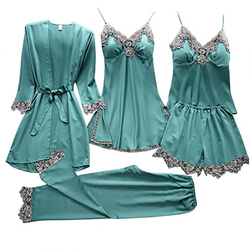 VEZAD 2/4/5-Piece Women's Floral Lace Trim Satin Sleepwear Set - Cami Pajama & Robe with Panties - Comfortable Nightwear for Lounge, Sleep & Bridal Shower