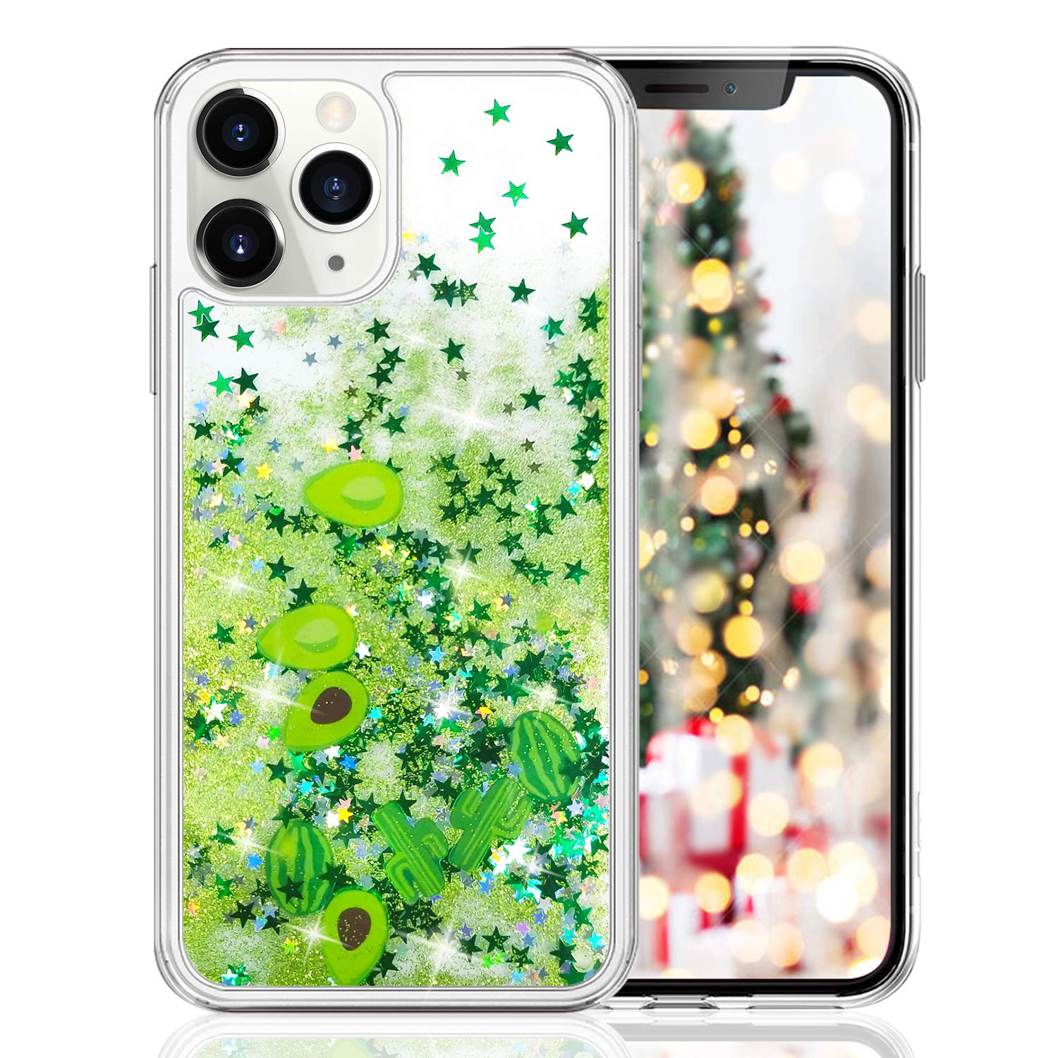 LUVI Liquid Glitter Case for iPhone 11 Pro Max - Sparkling Quicksand Avocado Star Design, Bling Crystal Protective Cover | Cute Fruit Theme (Watermelon, Cactus) | Perfect for Parties, Daily Use & Gift Giving