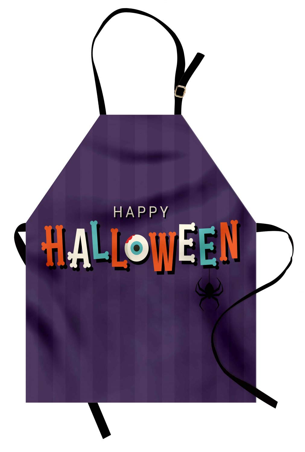 Ambesonne Halloween Apron - Spooky Bone Letters, Eye & Spider Design on Stripes - Adjustable Unisex Kitchen Bib for Cooking, Baking & Gardening - Adult Size Quartz Multicolor - Perfect for Halloween Parties, Themed Dinners & Cosplay