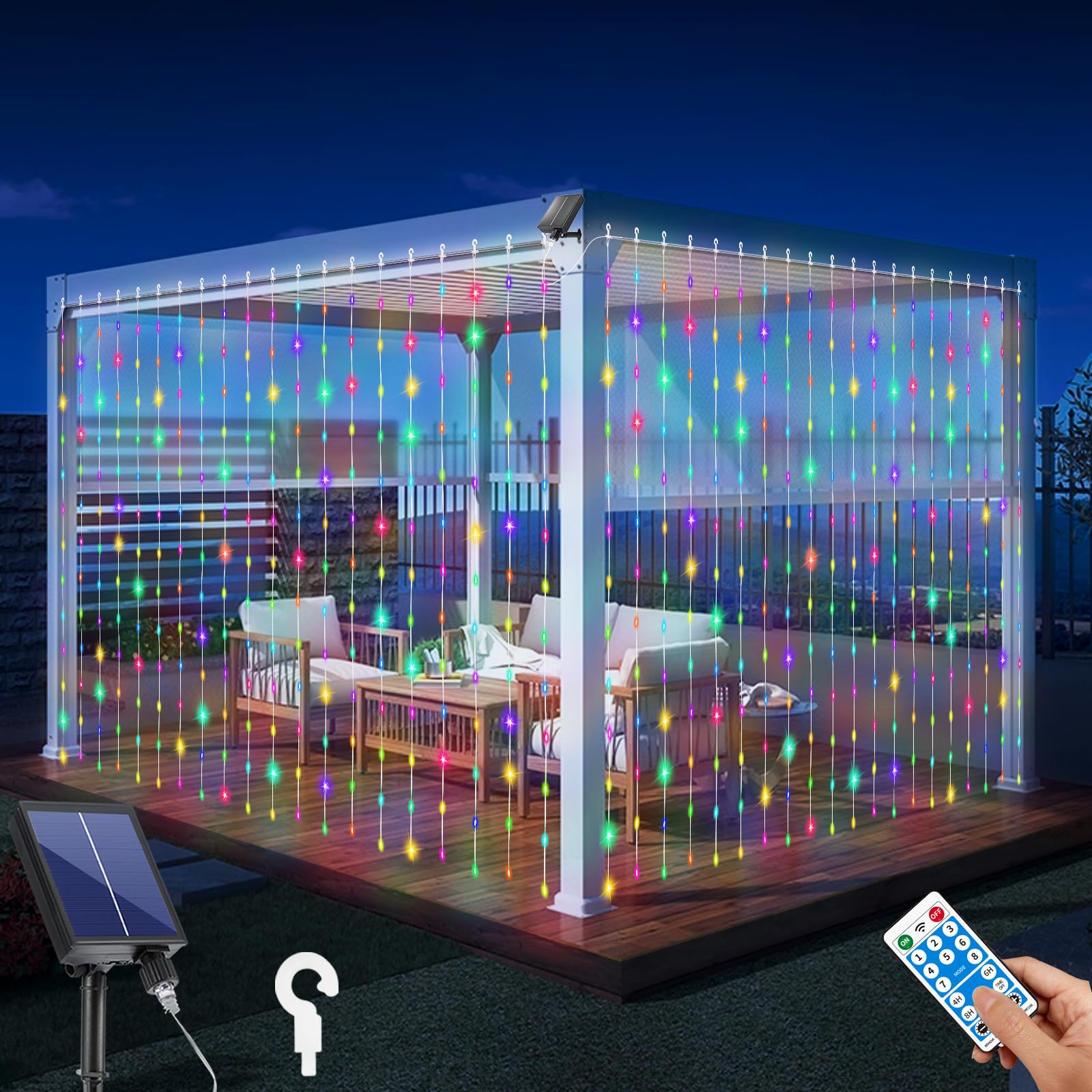 QLIRJAD 300LED Solar Curtain Lights Outdoor Waterproof - USB Rechargeable Fairy String Lights with Remote, 8 Modes, Timer & Dimmable Function for Christmas, Wedding, Gazebo, Window Decor - Perfect for Outdoor Party, Garden, Patio and Backyard Lighting