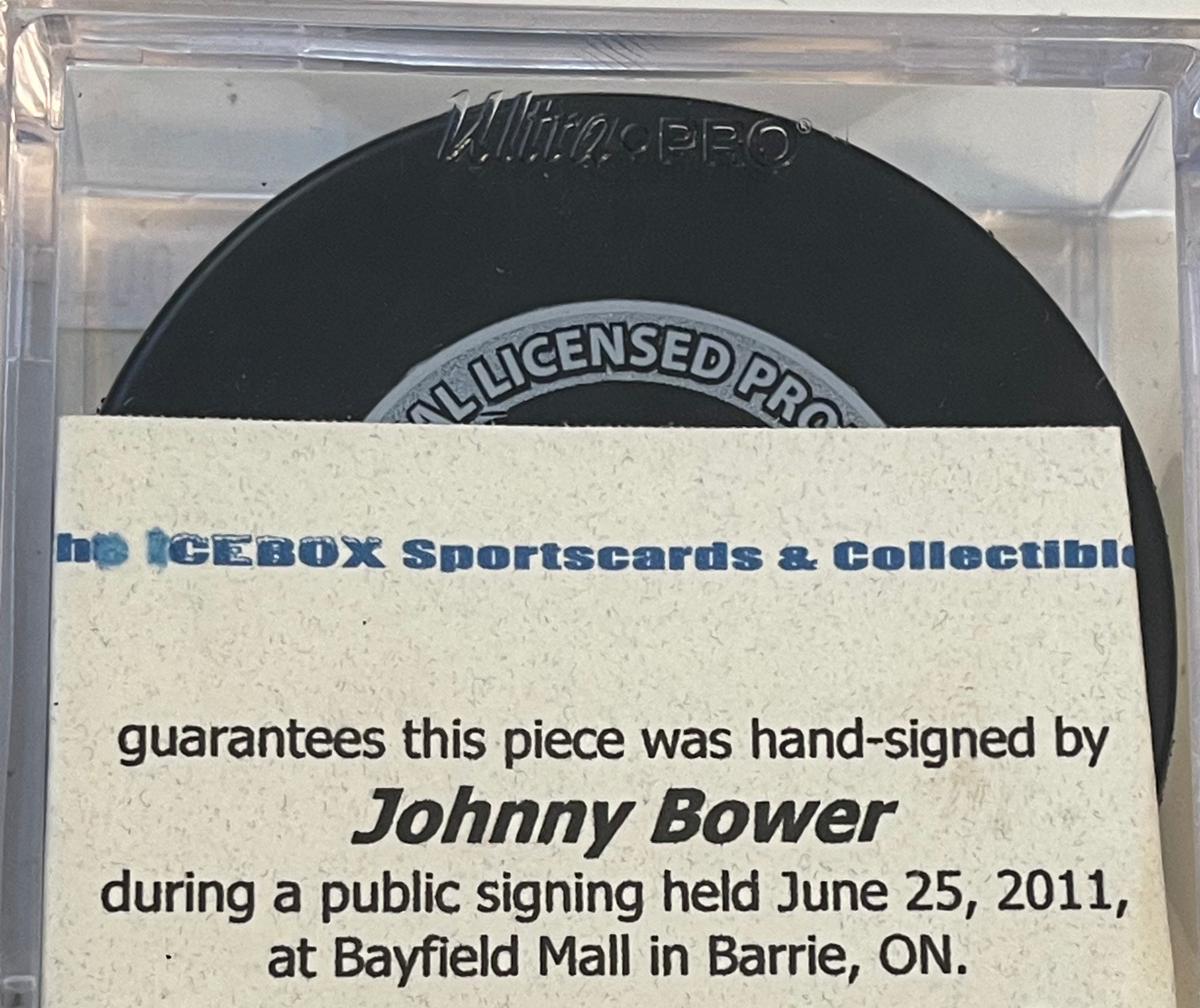 Johnny Bower Toronto Maple Leafs Autographed Hockey Puck with COA - Perfect for NHL Collectors, Sports Memorabilia Displays & Hockey Fan Gifts