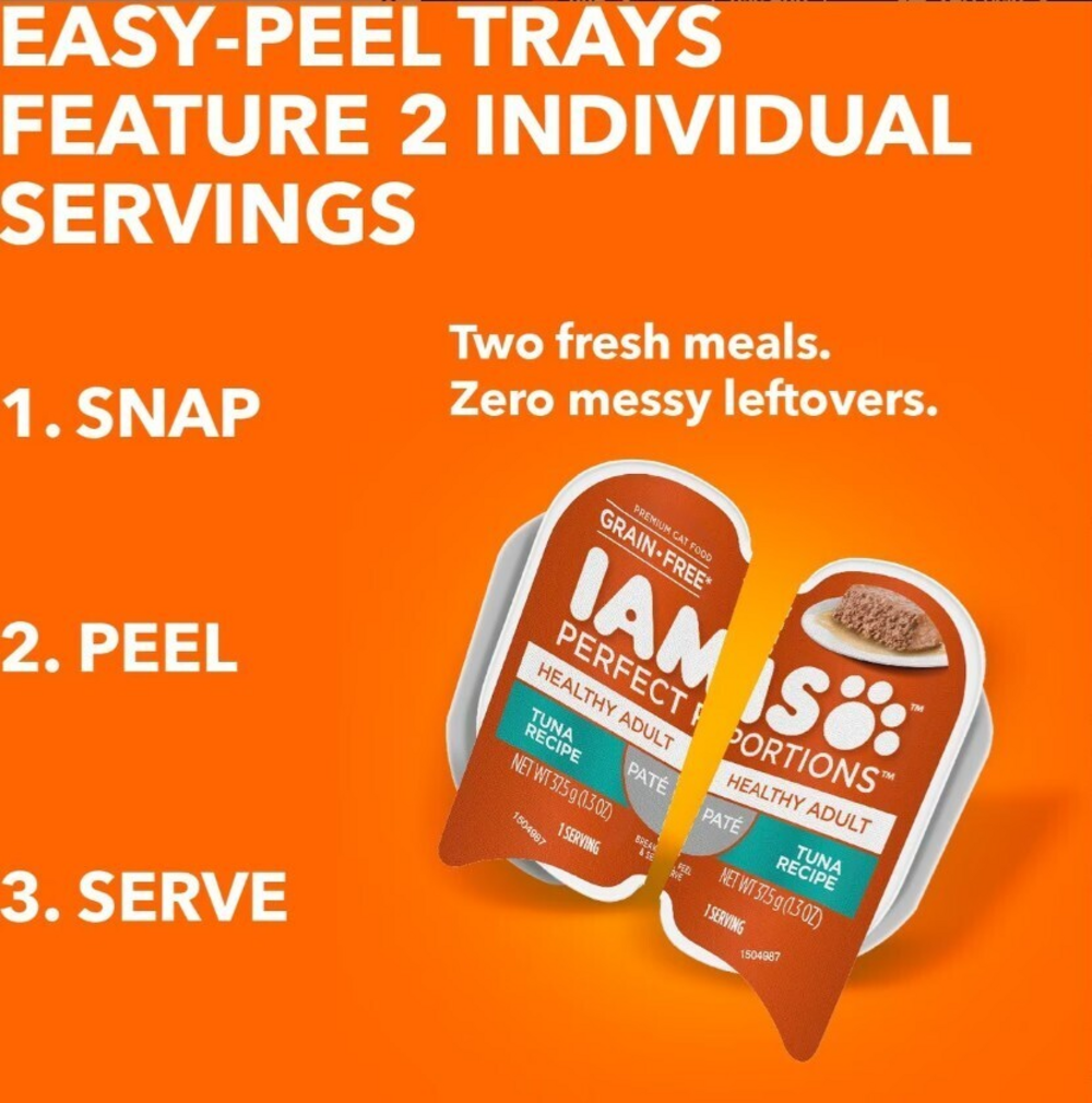 Iams Perfect Portions Healthy Adult Wet Cat Food - Tuna Pate in Convenient Trays | High Protein, Grain-Free Cat Food for Indoor & Outdoor Cats | Perfect for Mealtime, Travel & Feeding on the Go