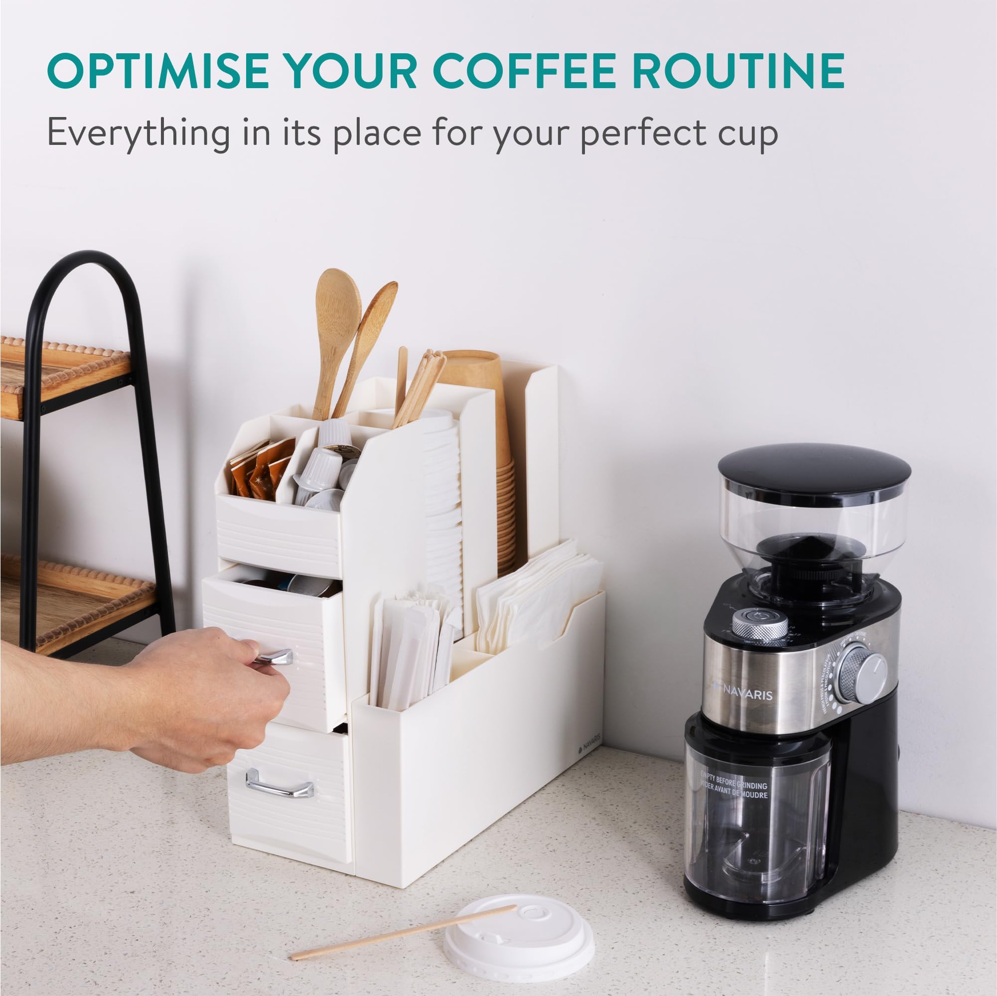Navaris Cream Coffee Station Organizer - Tea & Coffee Storage Organizer with Multiple Compartments - Perfect for Kitchen Countertop, Office Desk, Bar Cart & Home Decor - Ideal for Coffee Lovers & Entertaining Guests