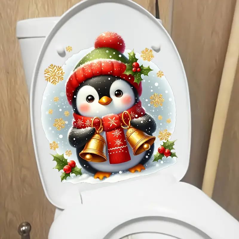 Christmas Penguin Bell Toilet Cover Stickers - Waterproof Self-Adhesive Bathroom Decals for Toilet Lid, Tank & Wall Decor - Fish, Bird, Flower & Leaf Designs - Perfect for Holiday Home Decor & Bathroom Renovation