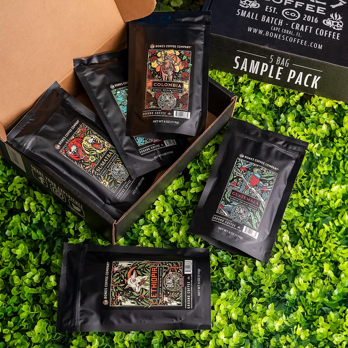 Bones Coffee Company World Tour Sample Pack Gift Set - Medium Roast Whole Bean Coffee, Low Acid Flavored Coffee Beans (4 oz, Pack of 5) | Perfect for Coffee Lovers, Office Gifts & Home Brewing