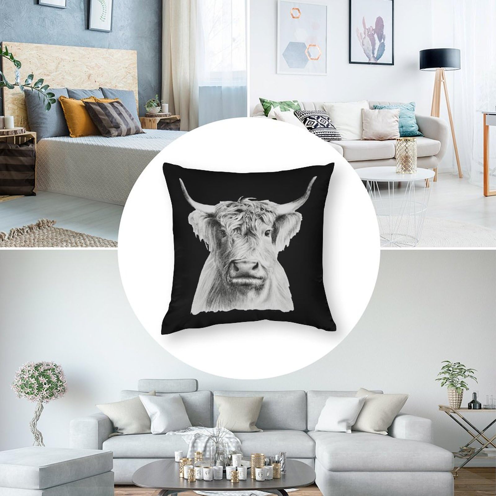 Highland Cow Pillow Cover - Soft Polyester Decorative Pillow Case 17x17 Inch, Funny Cushion Cover for Sofa, Bed, Living Room & Home Decor