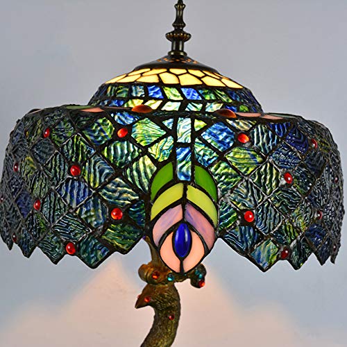 LITFAD Tiffany Style Peacock Desk Lamp - Handcrafted Stained Glass Shade with Brass Base, Adjustable Task Light for Home Office, Bedroom Nightstand, Reading Nook - Perfect Study & Decorative Lighting