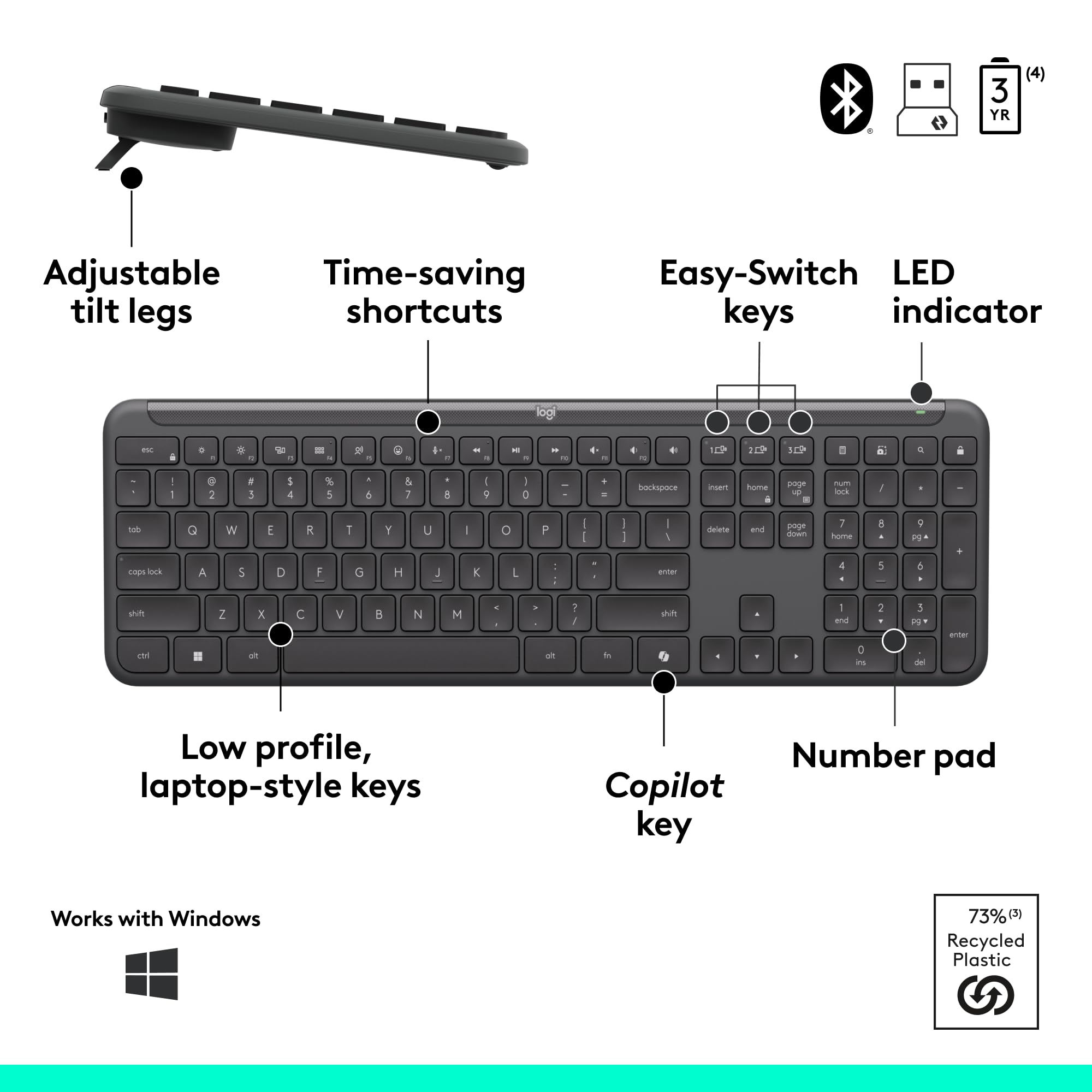 Logitech Signature Slim MK955 Wireless Keyboard and Mouse Combo for Business | Microsoft Copilot Edition, Quiet Typing, Bluetooth & Secure USB Receiver, Graphite - Perfect for Office, Remote Work & Windows Productivity