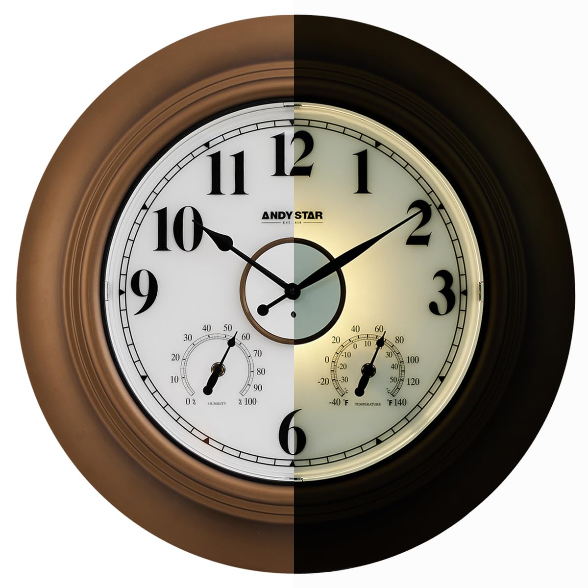 **ANDY STAR 21 Inch Large Outdoor Wall Clock with Temperature & Luminous Display - Waterproof, Vintage Round Design, Silent Non-Ticking - Perfect for Garden, Patio, Poolside & Rustic Home Decor (Bronze Finish)**