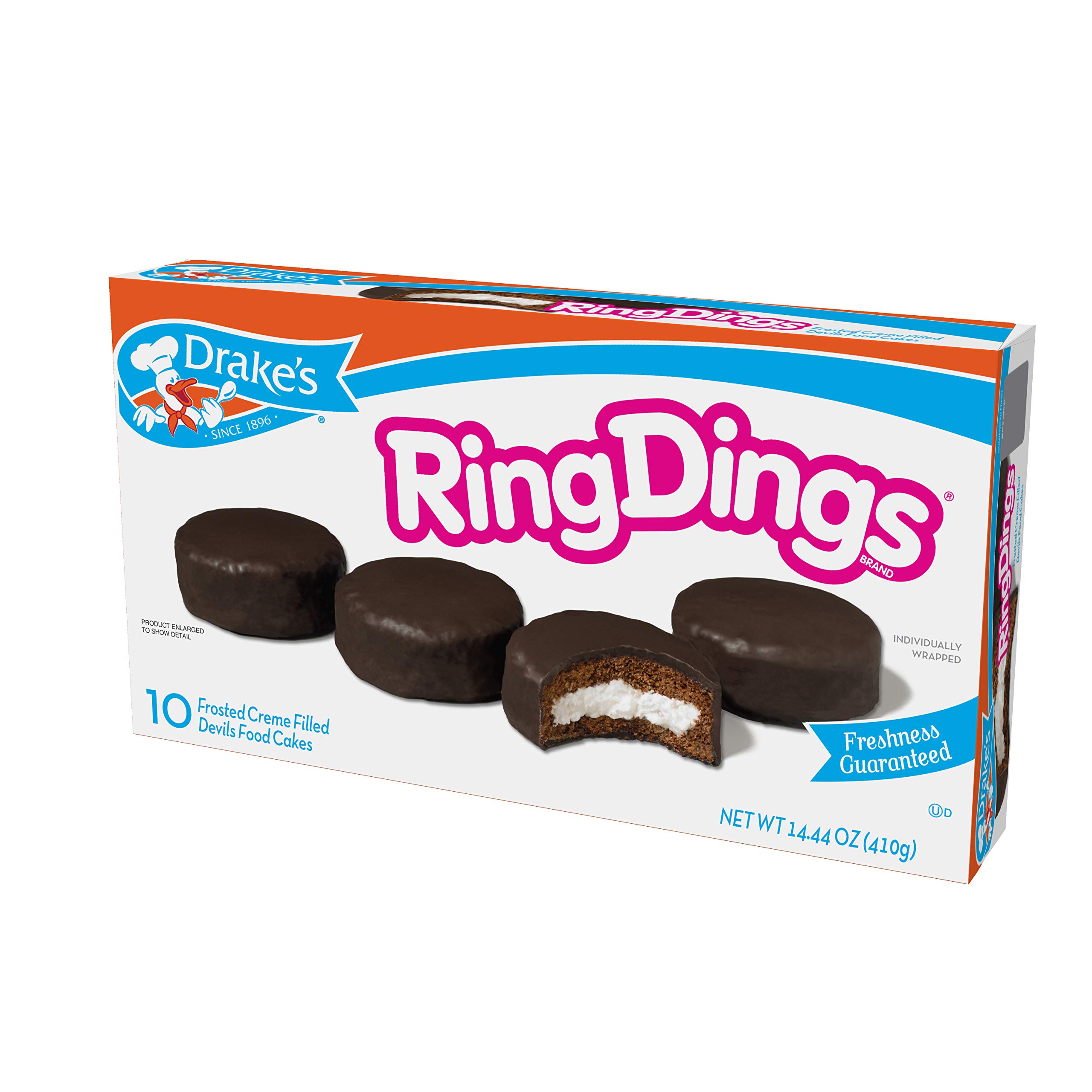 Drake's Ring Dings - 8 Pack Individually Wrapped Devil's Food Cakes (11.55 oz) - Moist Chocolate Snack Cakes for Lunchboxes, Parties & Quick Desserts