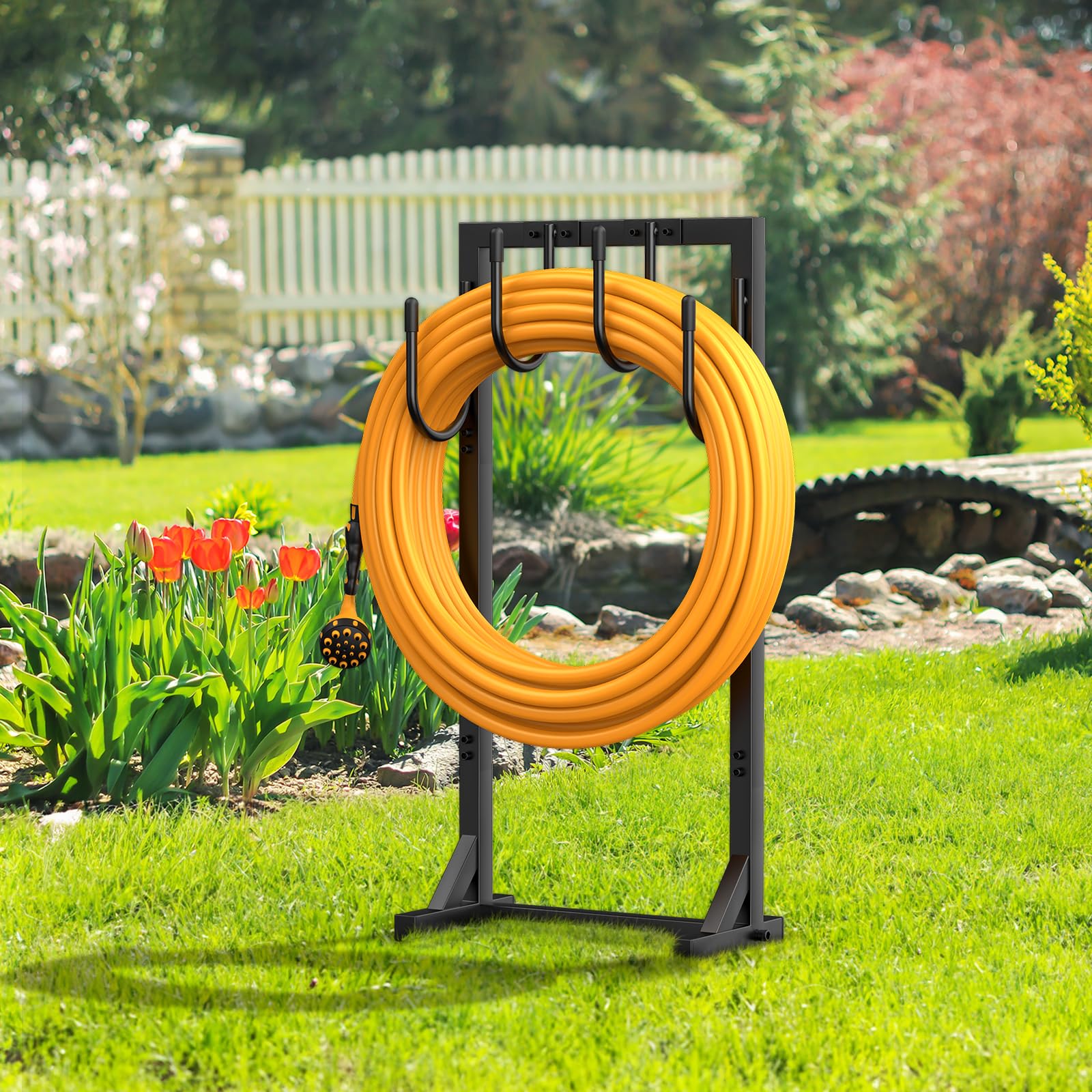 Upgraded Heavy Duty Metal Garden Hose Reel Holder - Freestanding 150ft Hose Storage with 4 Large Hooks, Detachable Outdoor Water Hose Organizer - Perfect for Yard, Lawn, Garden Watering and Outdoor Storage