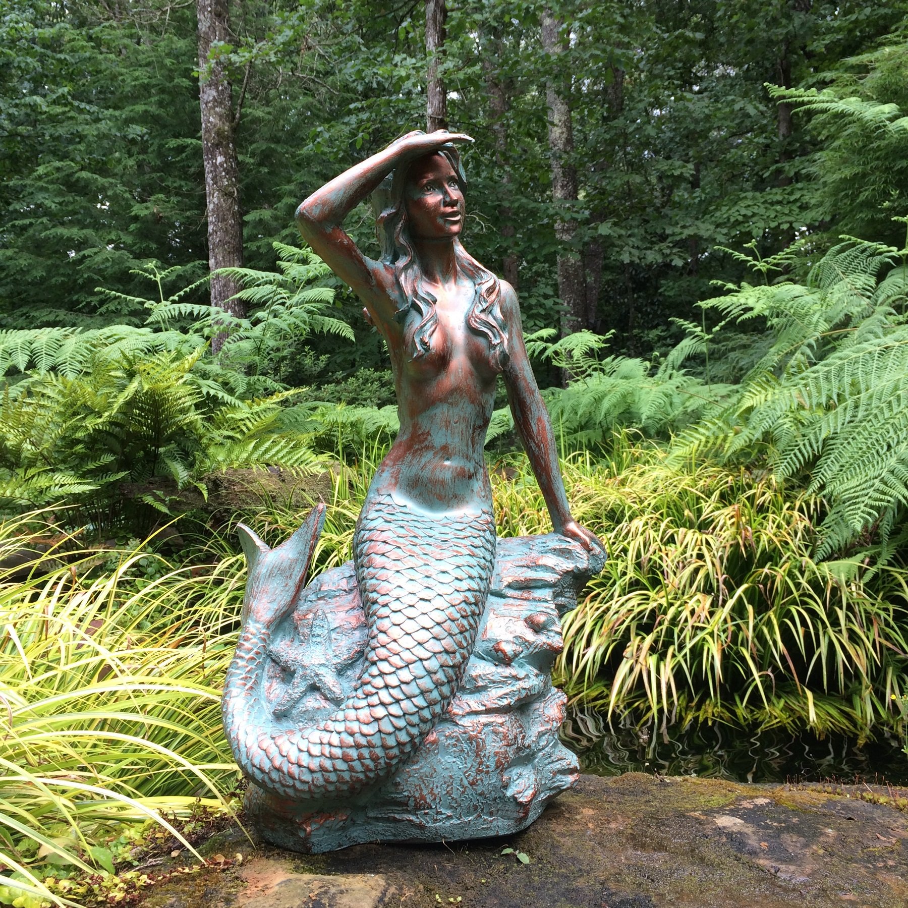 HomeStyles Medium Classic Beach Mermaid on Rock Statue 99371 - 23 Inch Bronze Patina Outdoor Garden Decor for Poolside, Patio & Coastal Themed Spaces