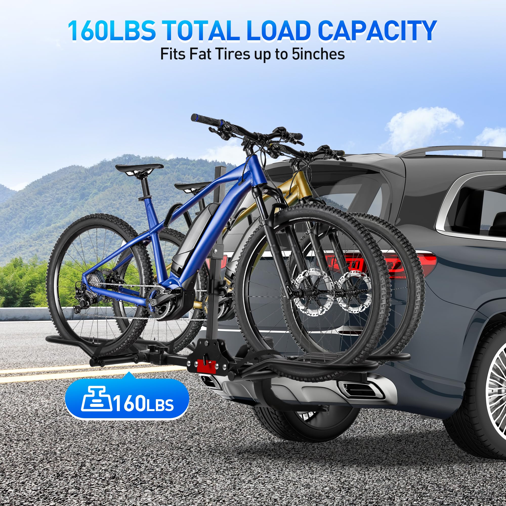 Rengue 2-Bike Hitch Bike Rack - Anti Wobble Smart Tilting Folding Design, 160 lbs Capacity for Standard/Fat Tire/Electric Bikes - 2-Inch Receiver - Perfect for Road Trips, Camping & Outdoor Adventures