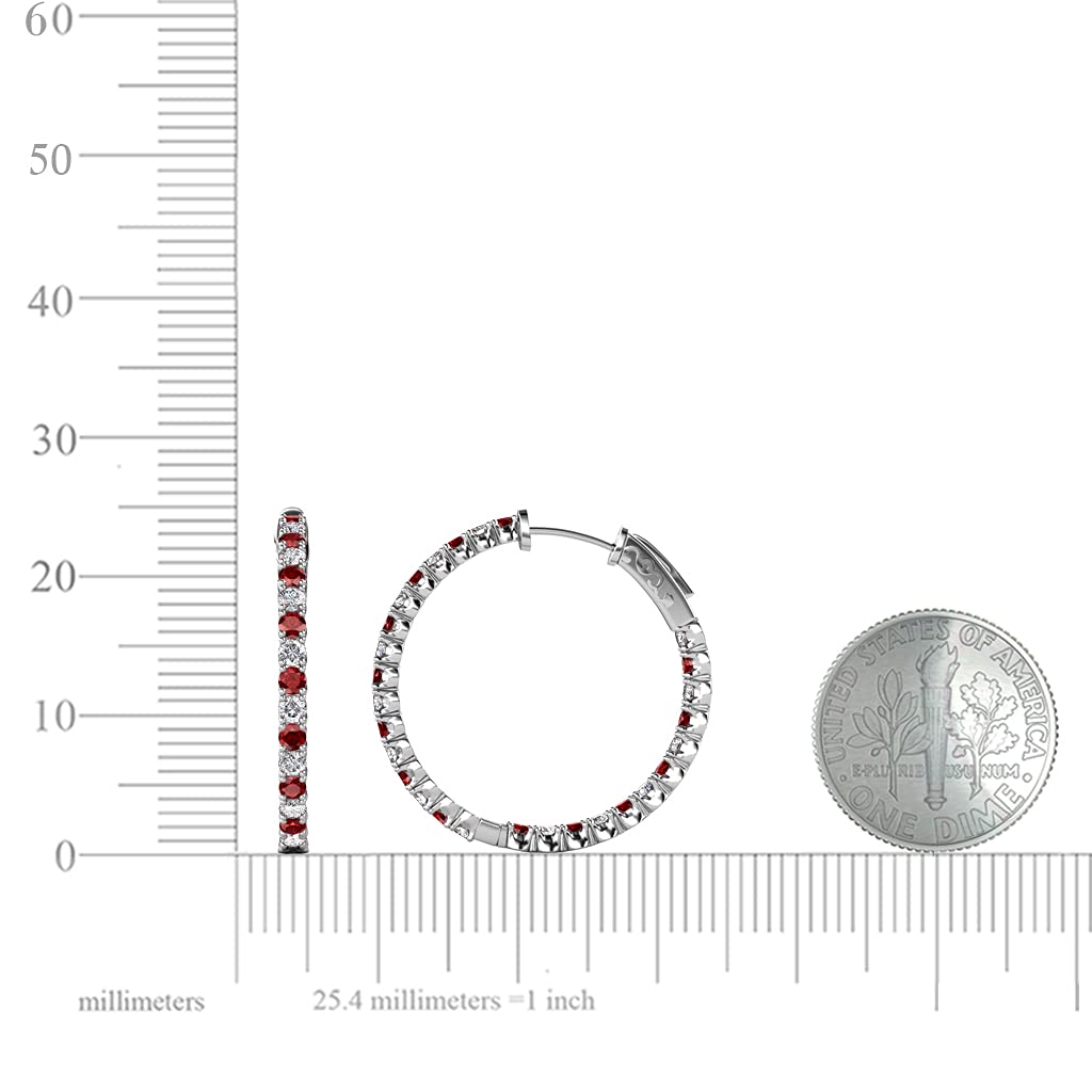 14K White Gold Red Garnet & Natural Diamond Inside-Out Hoop Earrings 1.50 ctw - Perfect for Weddings, Parties & Special Occasions