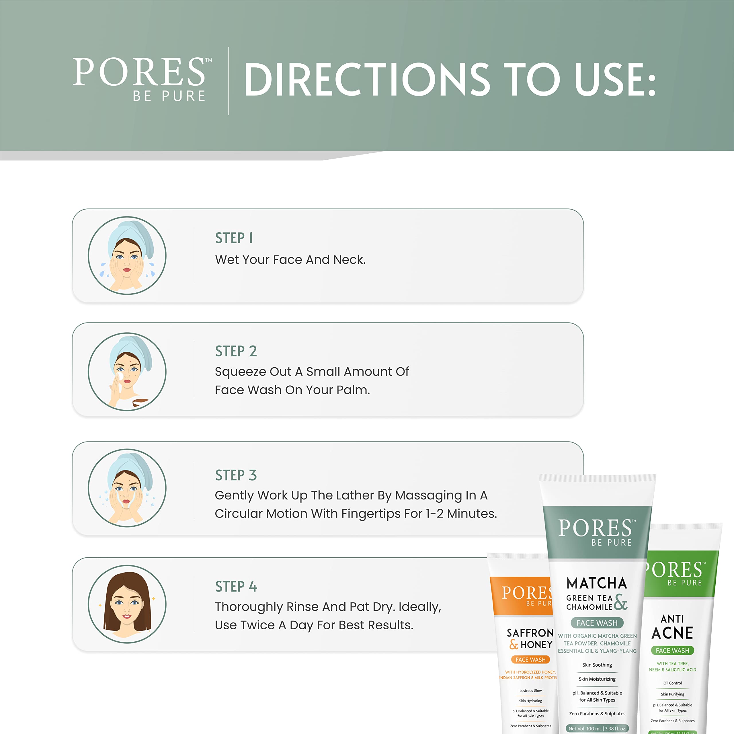 PORES Be Pure Green Tea Pore Cleansing Face Wash for Oily Skin with Vitamin C - Oil Control & Exfoliating Formula | Gentle Non-Drying Vegan Cleanser for Women & Men | 100ml | Perfect for Daily Skincare Routine & Acne-Prone Skin